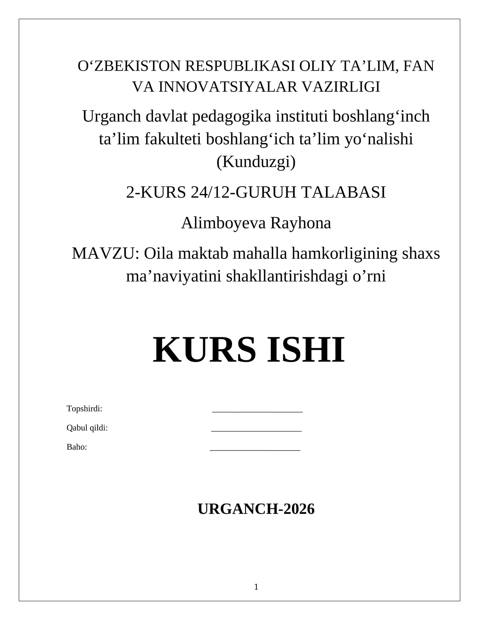 Oila maktab mahalla hamkorligining shaxs ma’naviyatini shakllantirishdagi o’rni