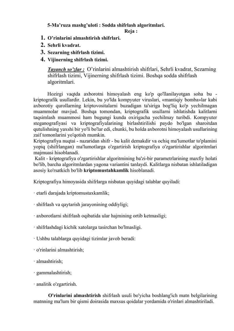 Sodda shifrlash algoritmlari