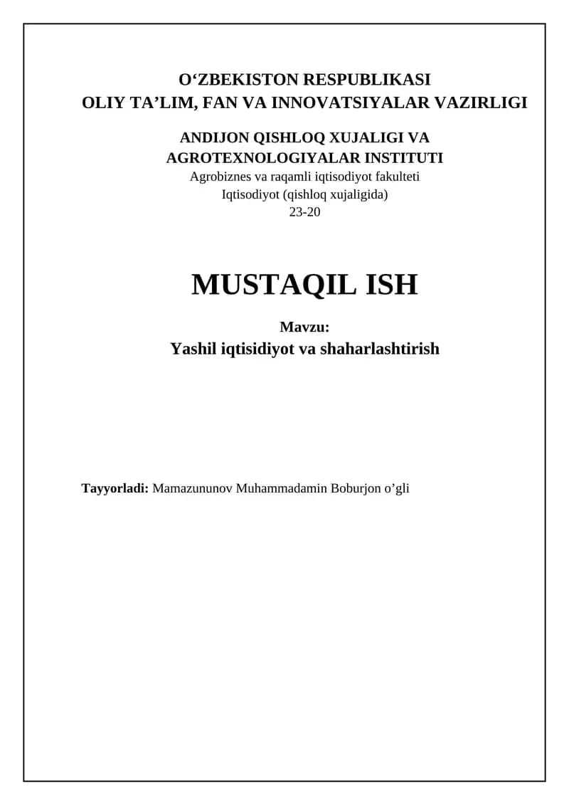 Yashil iqtisodiyot va urbanizatsiyaning asosiy tamoyillari