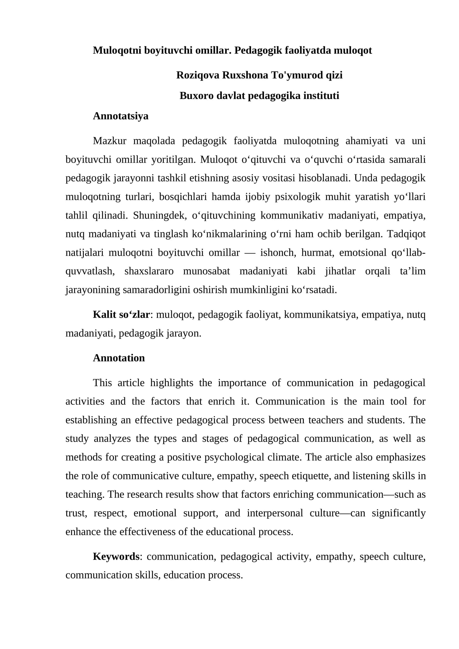 Muloqotni boyituvchi omillar. Pedagogik faoliyatda muloqot