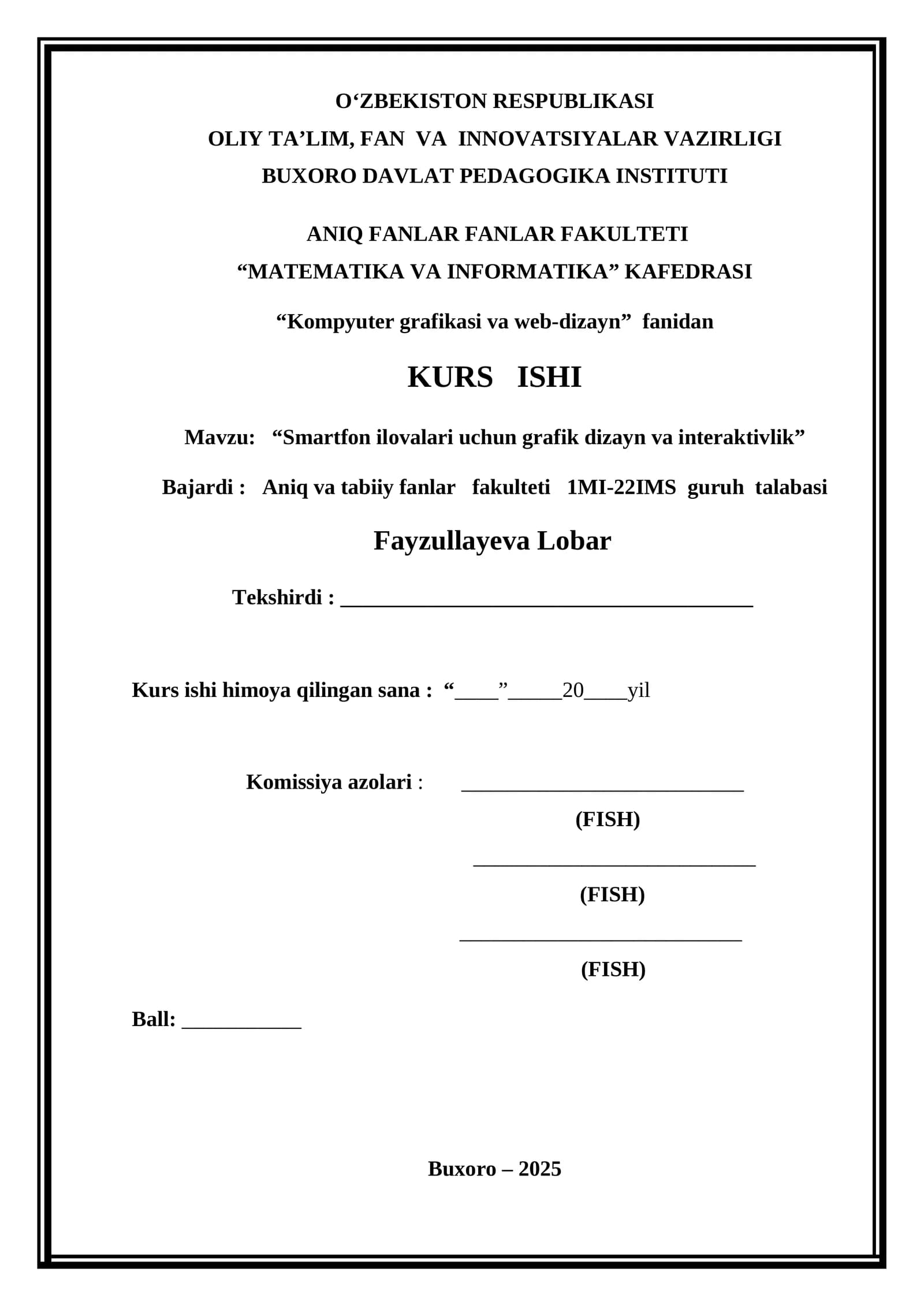“Smartfon ilovalari uchun grafik dizayn va interaktivlik” KURS ISHI