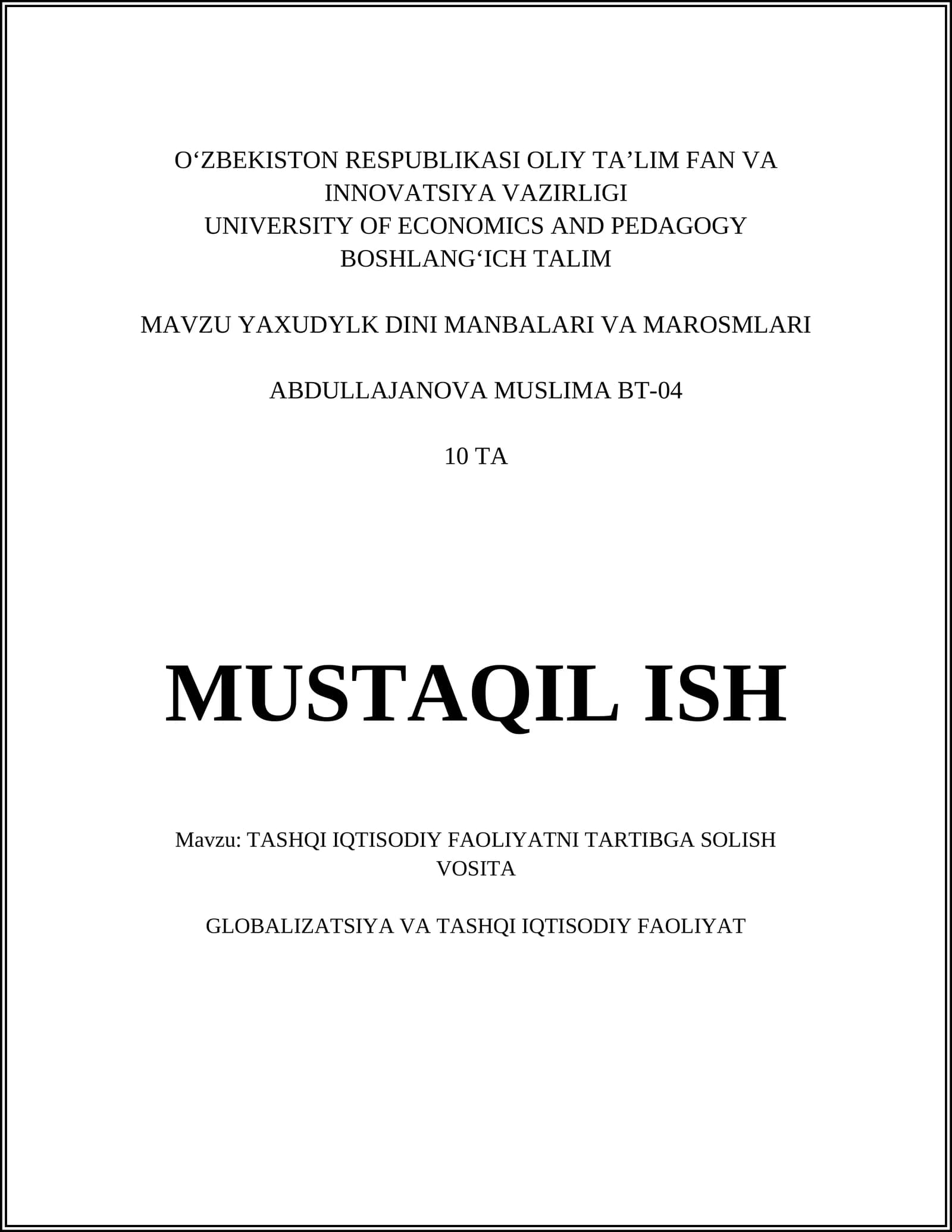 TASHQI IQTISODIY FAOLIYATNI TARTIBGA SOLISH VOSITA