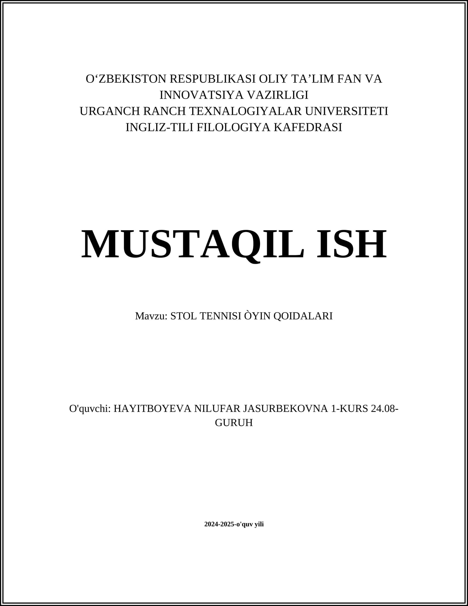 STOL TENNISI ÒYIN QOIDALARI