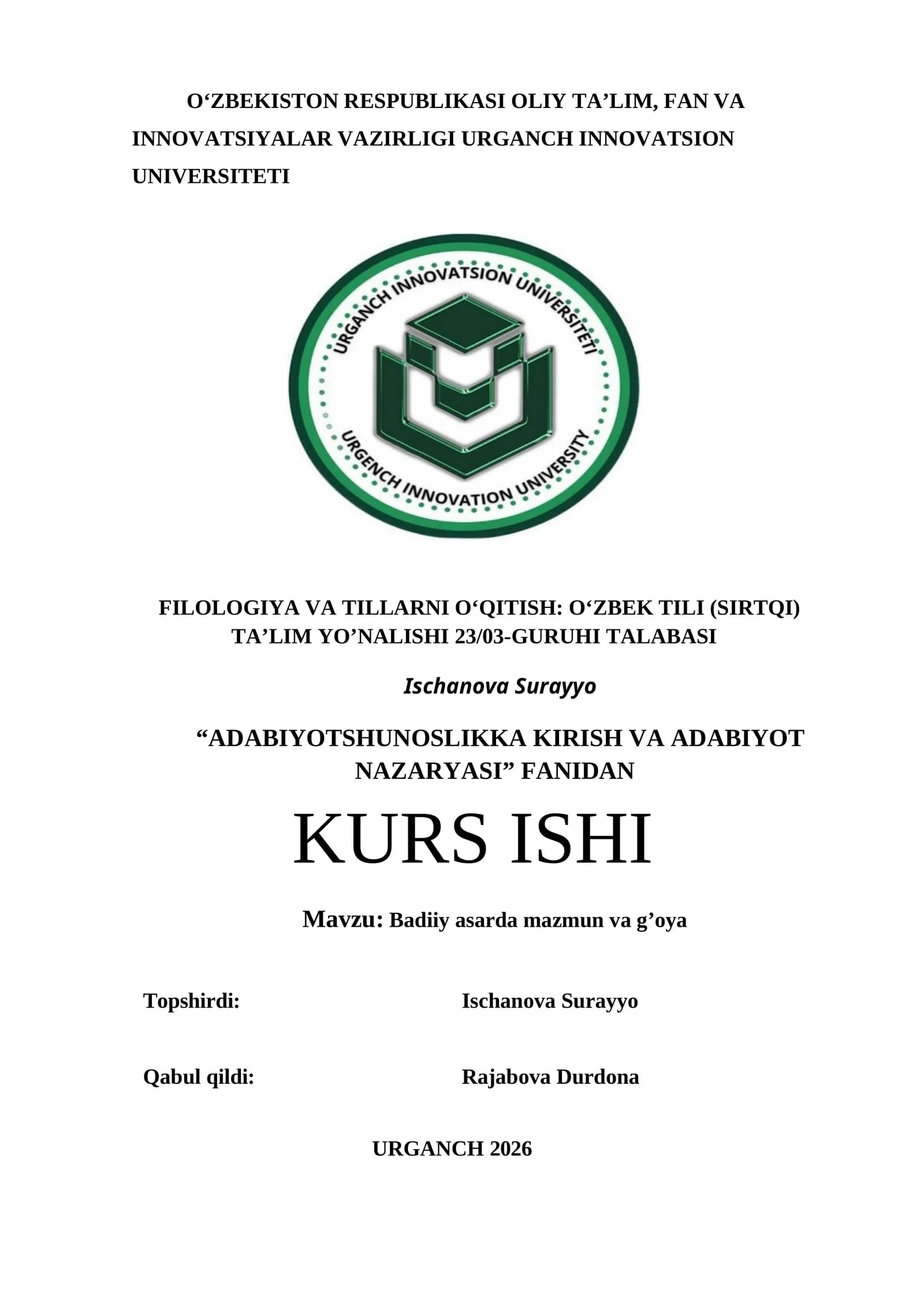 “ADABIYOTSHUNOSLIKKA KIRISH VA ADABIYOT NAZARYASI” KURS ISHI