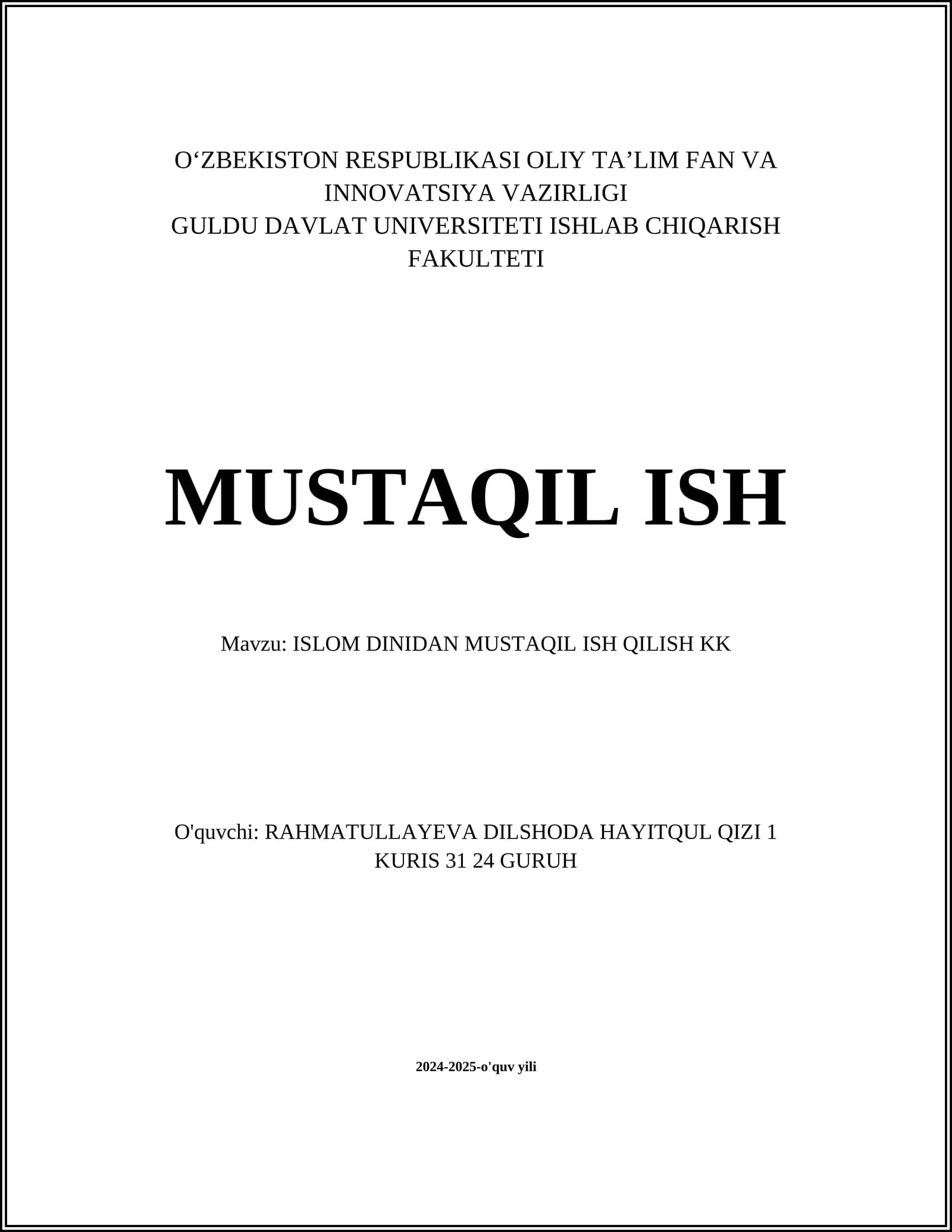 ISLOM DINIDAN MUSTAQIL ISH QILISH KK