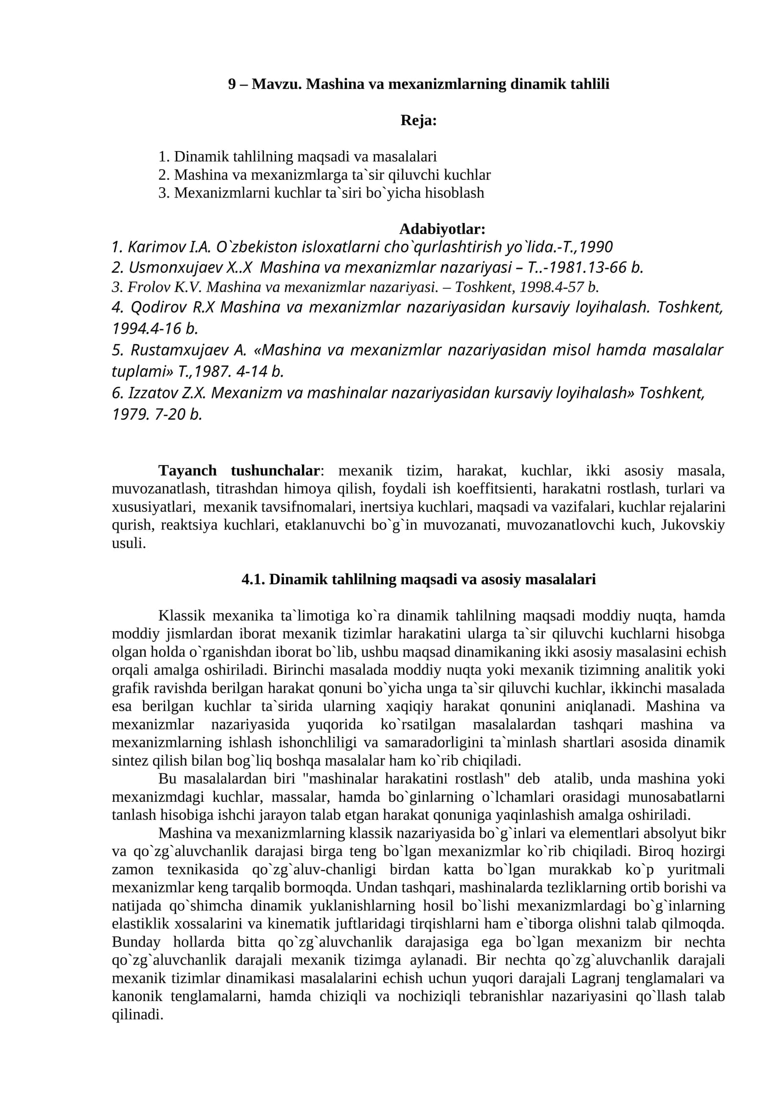 Mashina va mexanizmlarning dinamik tahlili