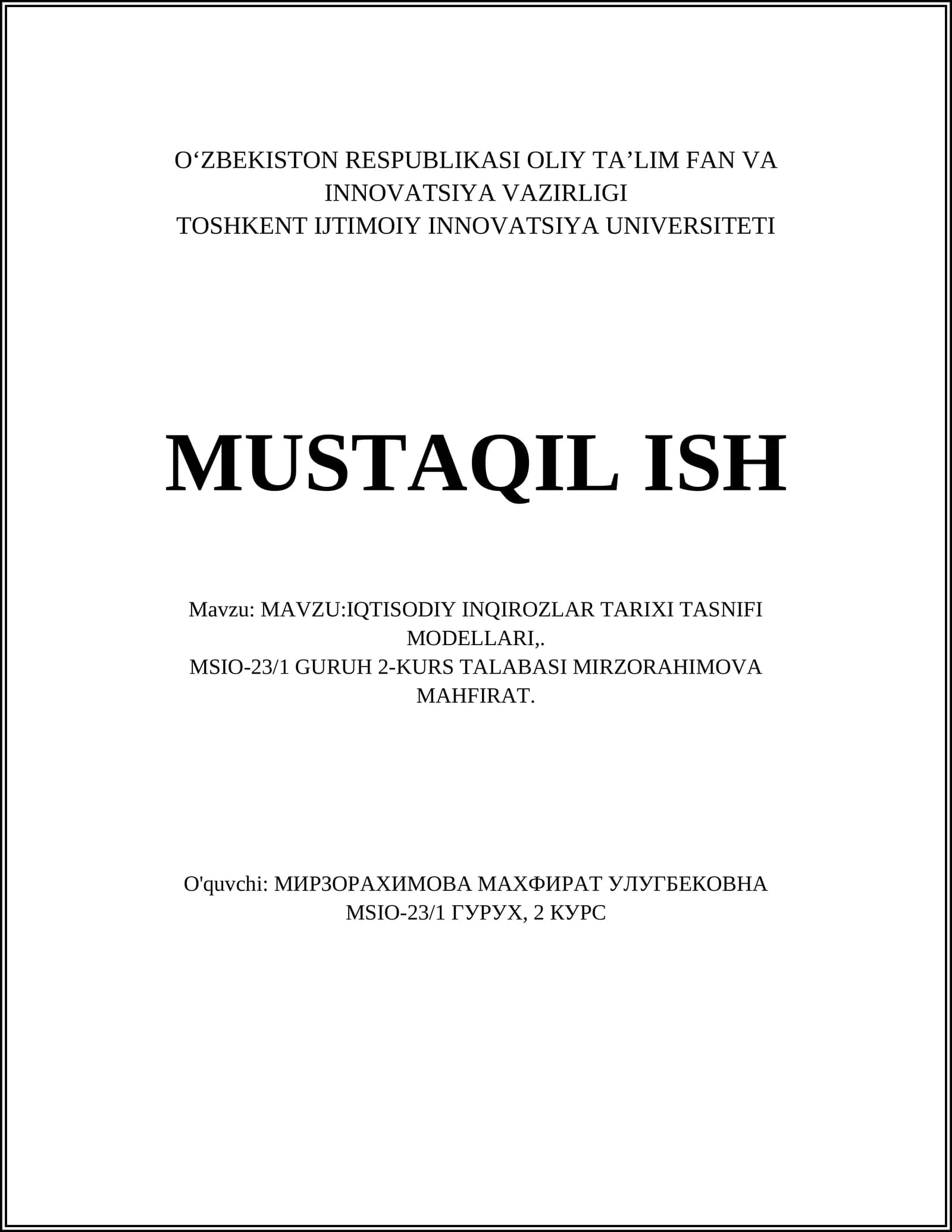 IQTISODIY INQIROZLAR TARIXI TASNIFI MODELLARI
