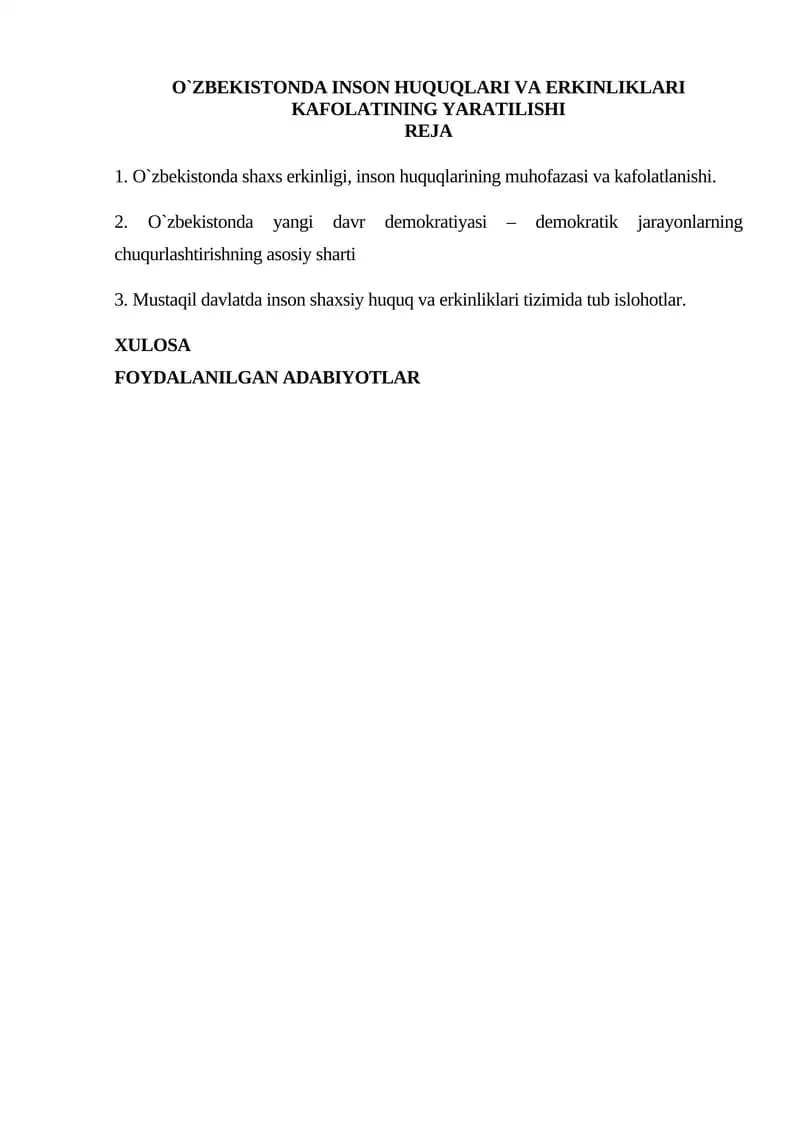 O`ZBEKISTONDA INSON HUQUQLARI VA ERKINLIKLARI KAFOLATINING YARATILISHI