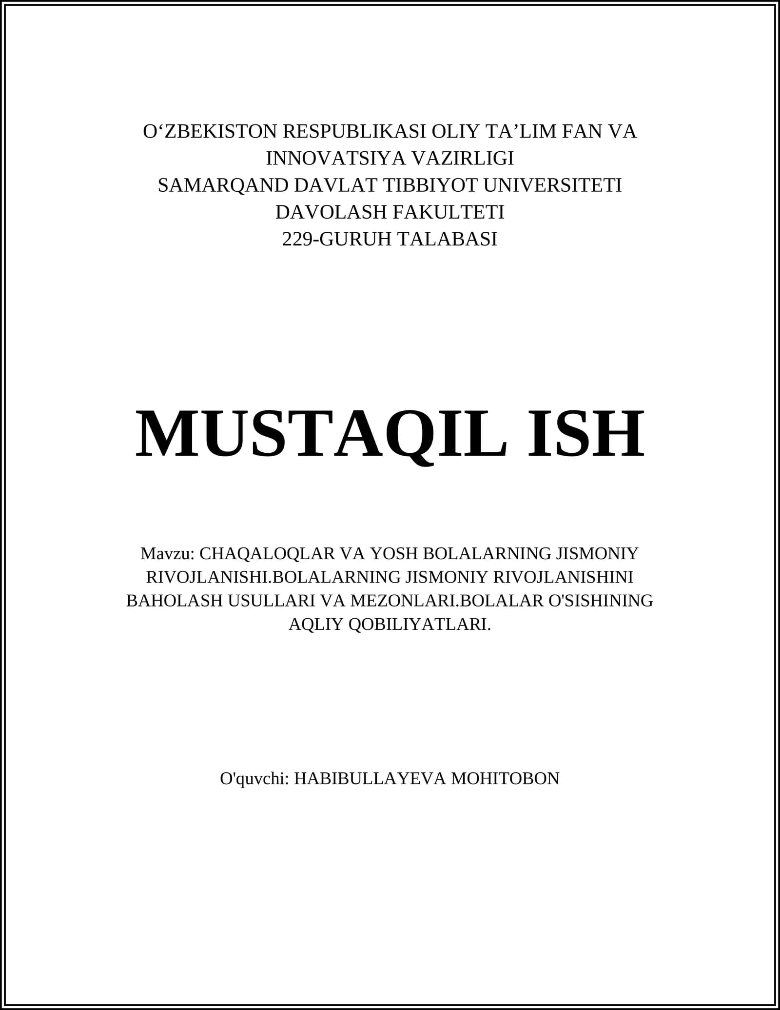 CHAQALOQLAR VA YOSH BOLALARNING JISMONIY RIVOJLANISHI