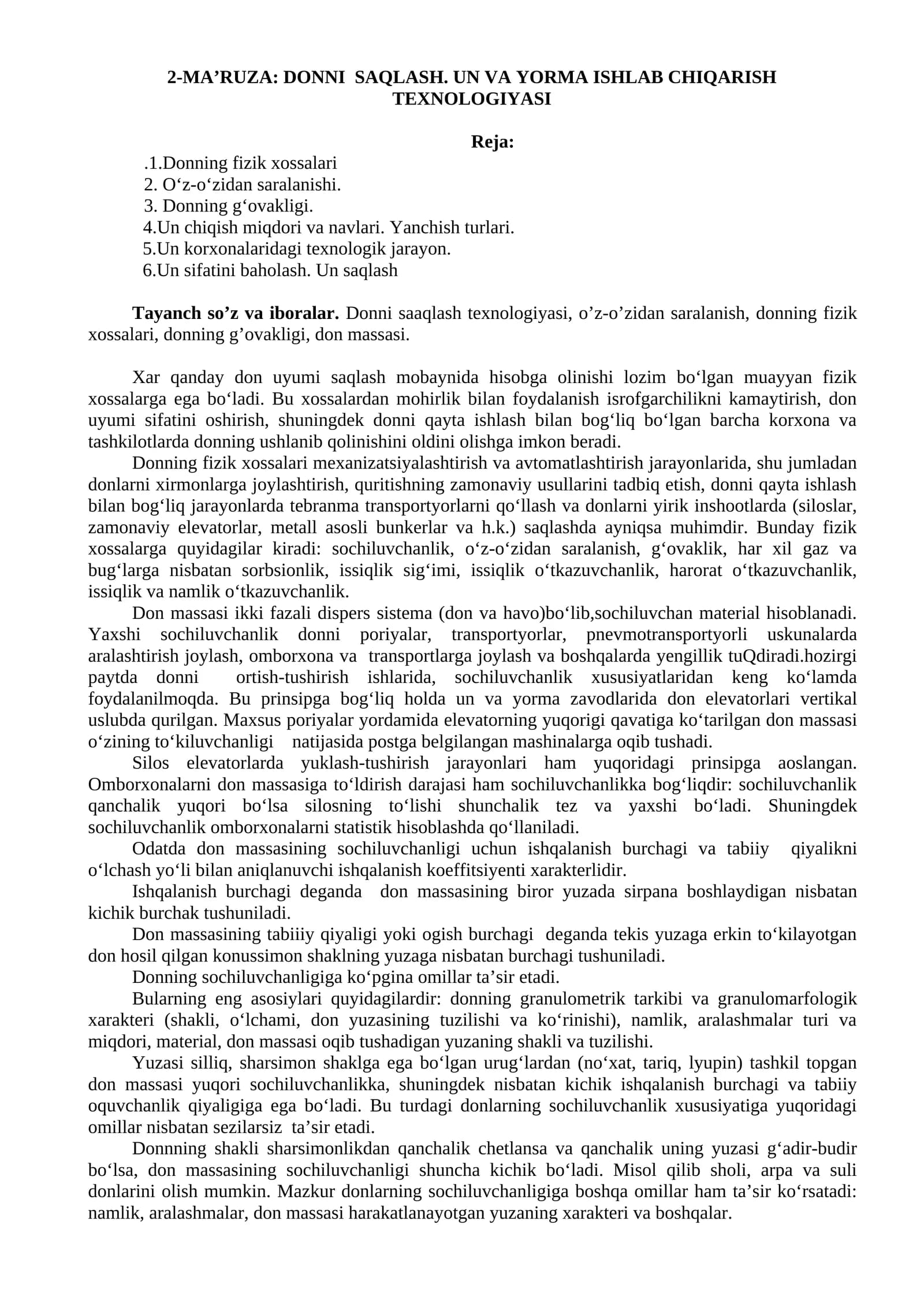 DONNI SAQLASH. UN VA YORMA ISHLAB CHIQARISH TEXNOLOGIYASI