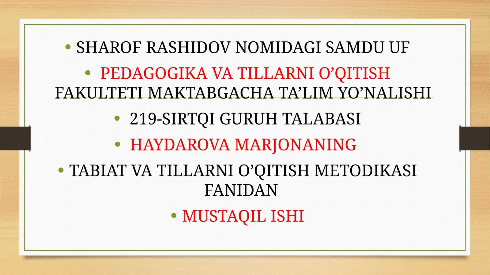 Tabiat va tillarni o’qitish metodikasi fanidan mustaqil ishi
