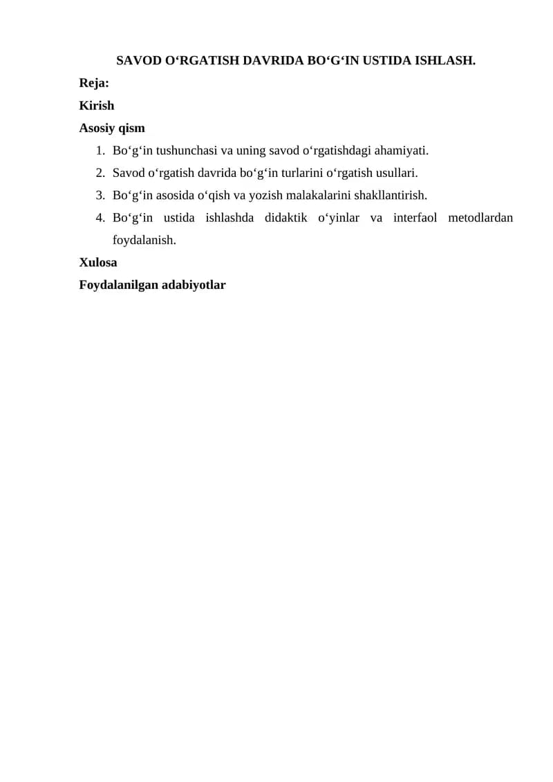 Savod O‘rgatish Davrida Bo‘g‘in Ustida Ishlash