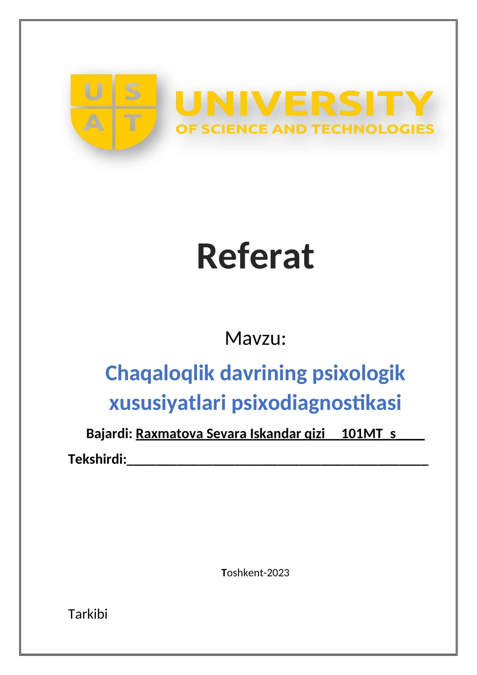 Chaqaloqlik davrining psixologik xususiyatlari psixodiagnostikasi