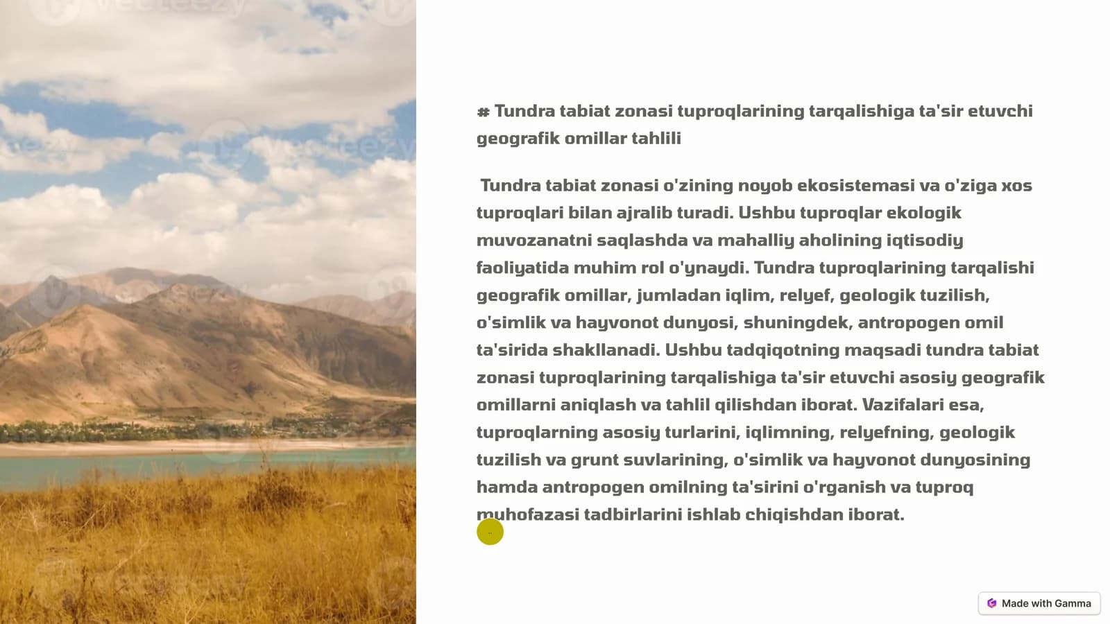 Tundra tabiat zonasi tuproqlarining tarqalishiga ta'sir etuvchi geografik omillar tahlili