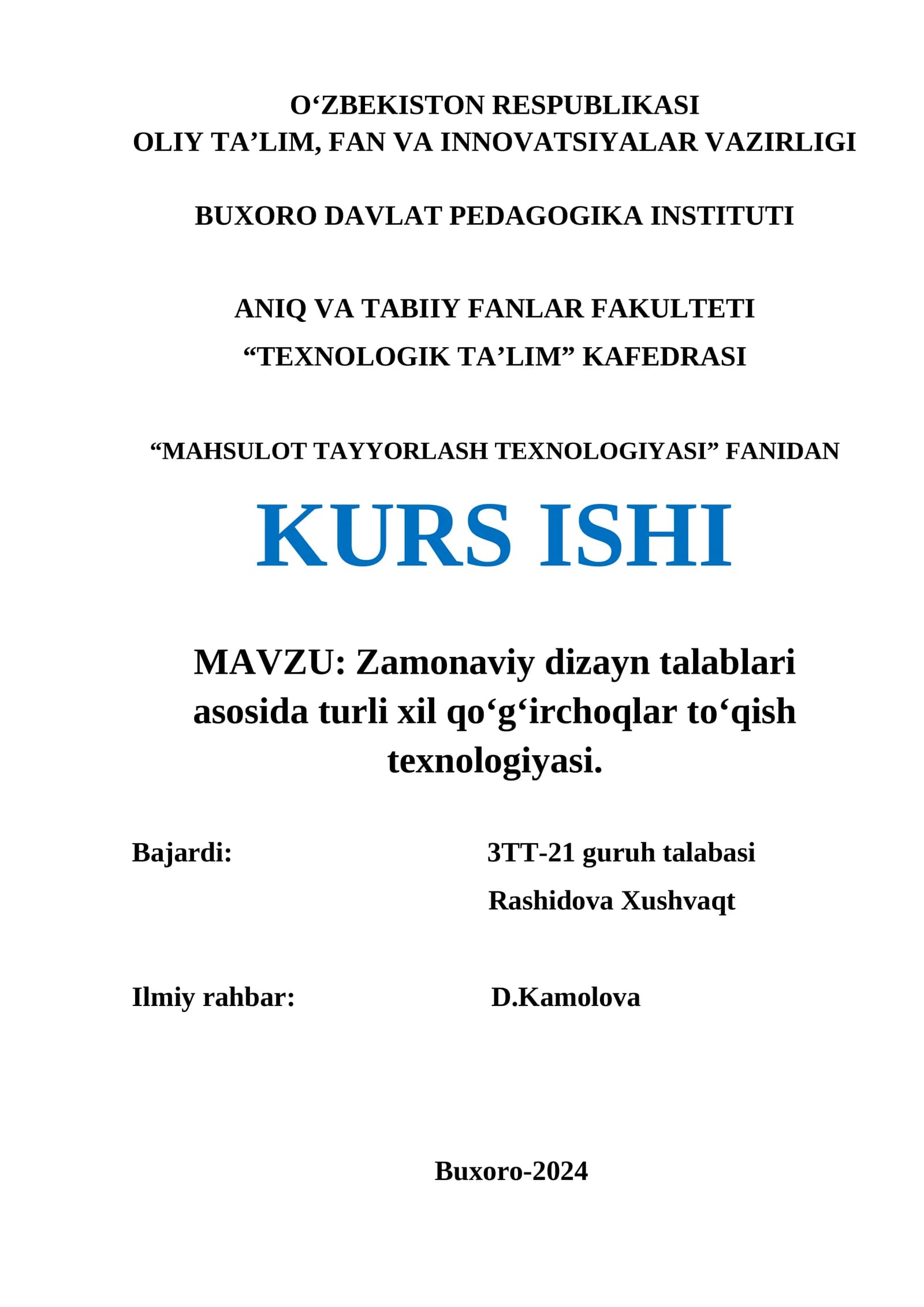 Zamonaviy dizayn talablari asosida turli xil qo‘g‘irchoqlar to‘qish texnologiyasi