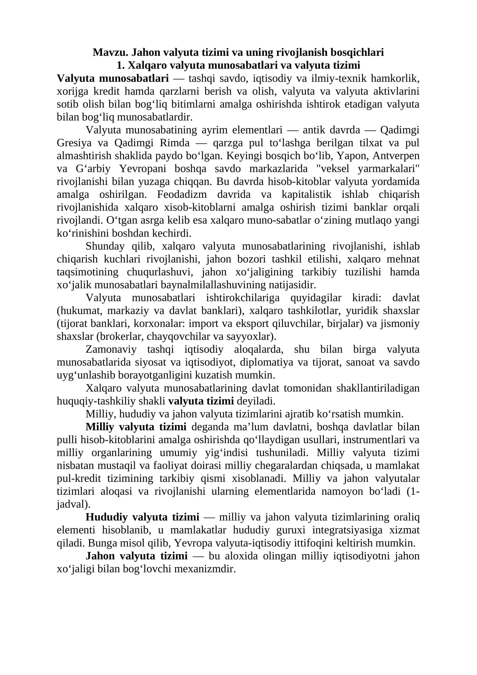 Jahon valyuta tizimi va uning rivojlanish bosqichlari