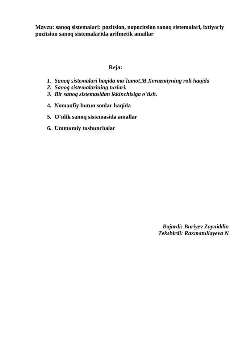 sanoq sistemalari mustaqil ish