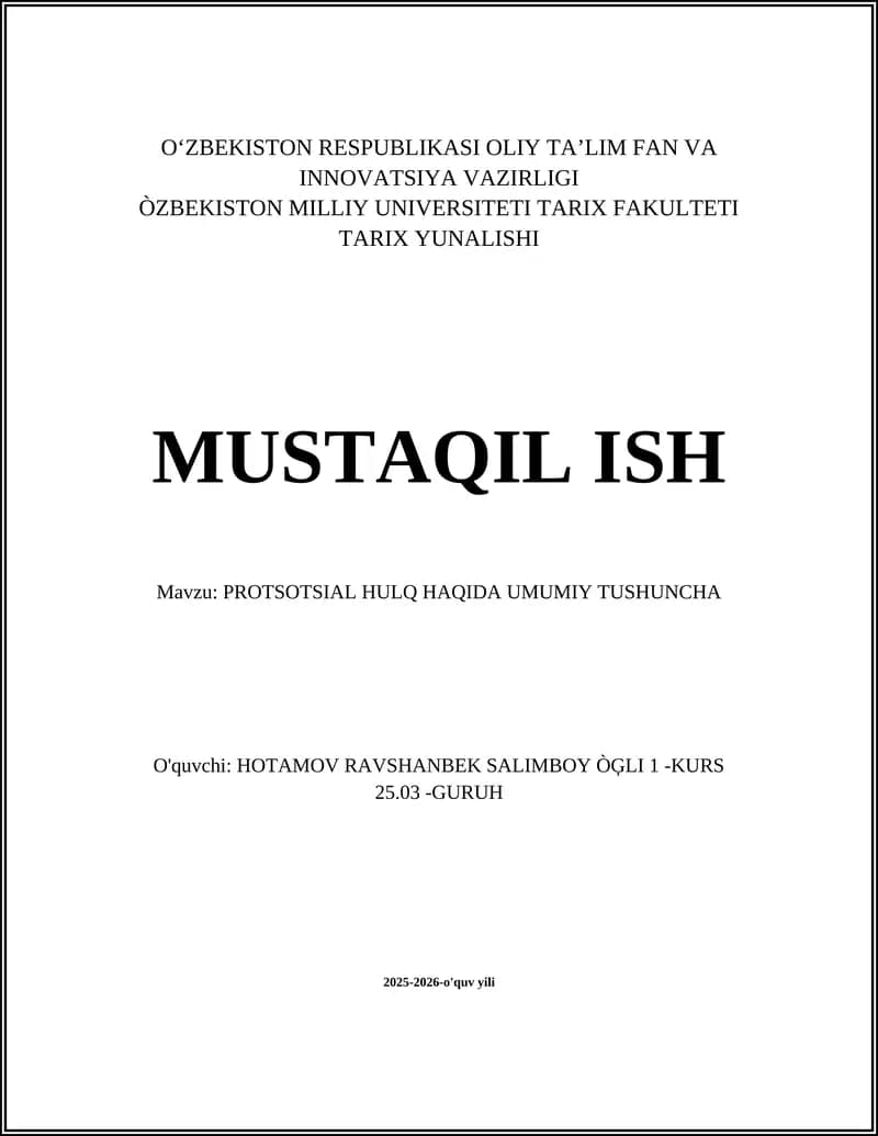 PROTSOTSIAL HULQ HAQIDA UMUMIY TUSHUNCHA