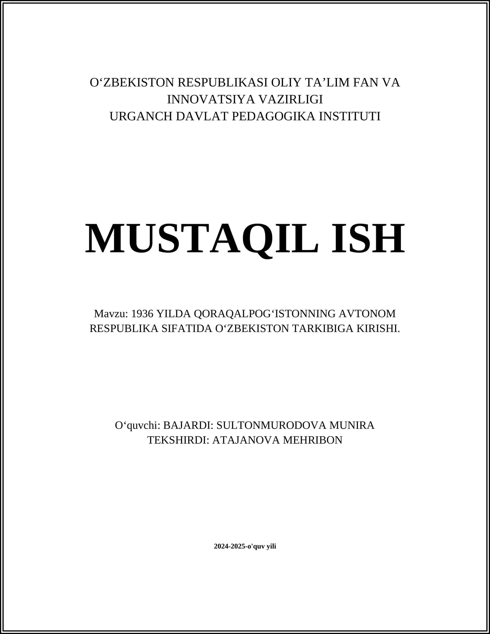 1936 YILDA QORAQALPOGʻISTONNING AVTONOM RESPUBLIKA SIFATIDA OʻZBEKISTON TARKIBIGA KIRISHI