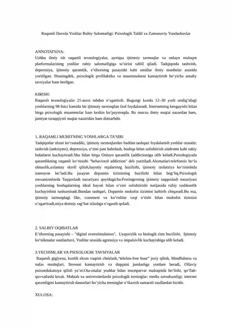 Raqamli Davrda Yoshlar Ruhiy Salomatligi