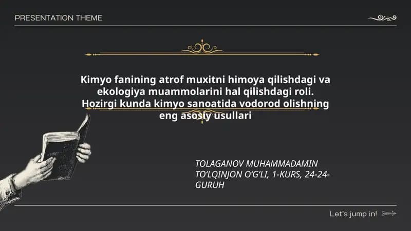 Kimyo fanining atrof muxitni himoya qilishdagi va ekologiya muammolarini hal qilishdagi roli