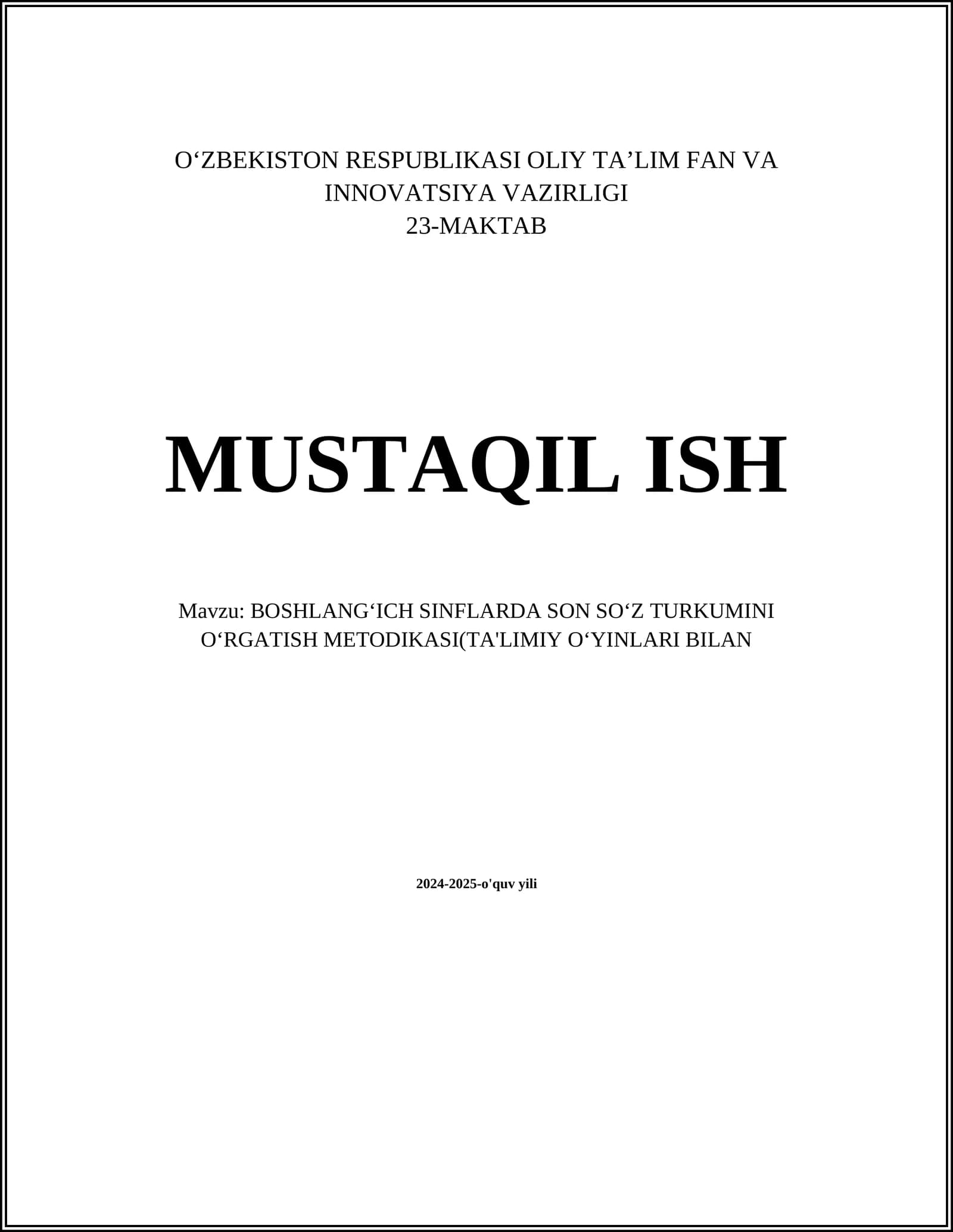 BOSHLANGʻICH SINFLARDA SON SOʻZ TURKUMINI OʻRGATISH METODIKASI(TA'LIMIY OʻYINLARI BILAN