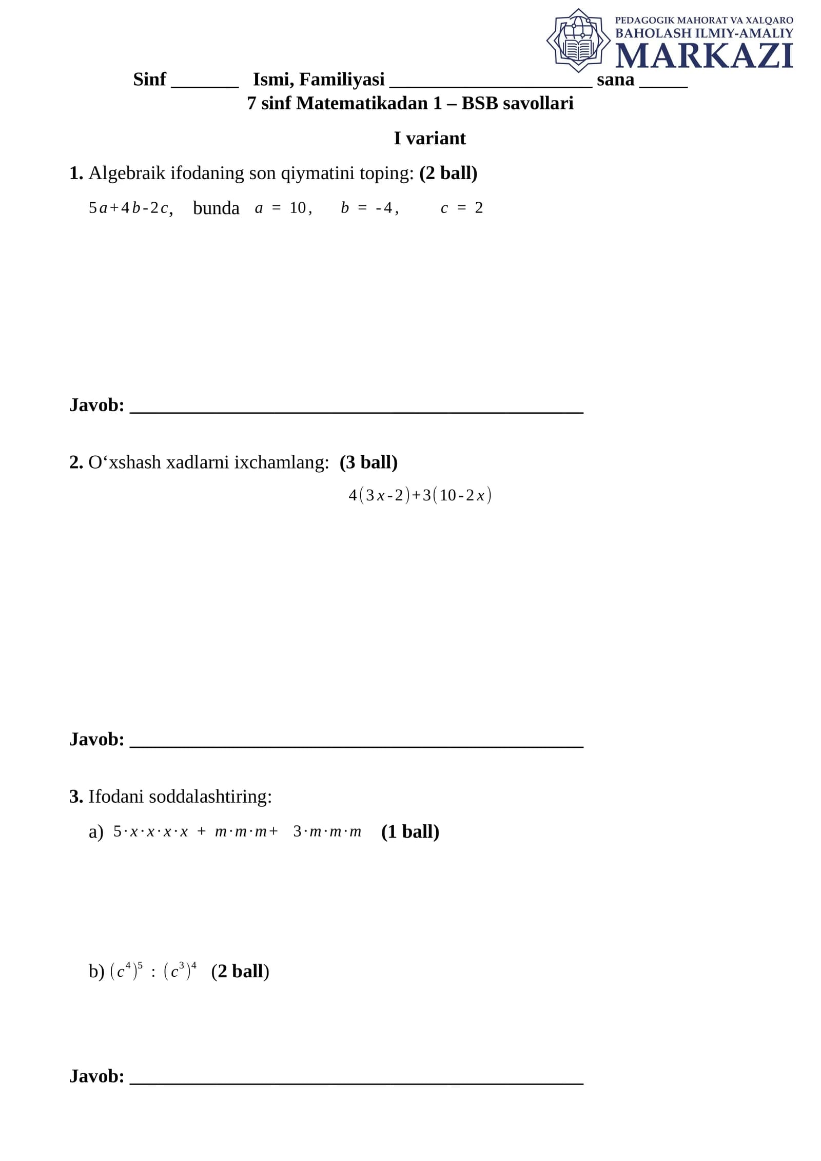 7-sinf Matematikadan BSB savollari