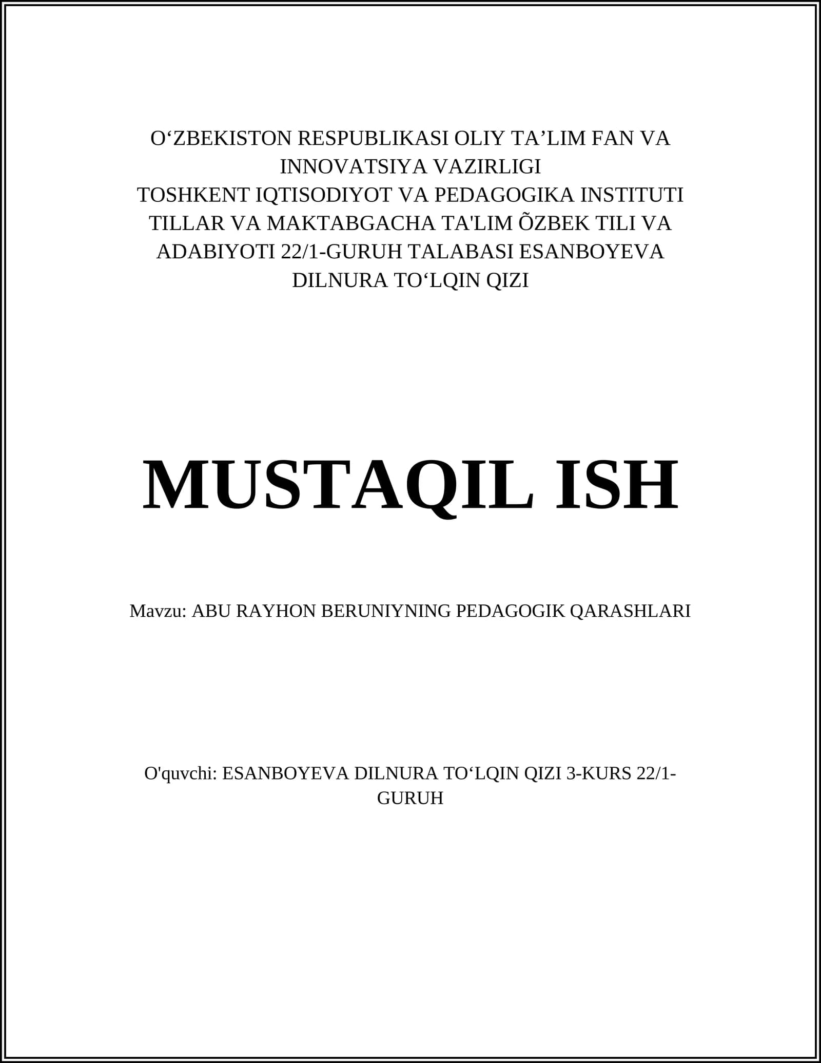 ABU RAYHON BERUNIYNING PEDAGOGIK QARASHLARI