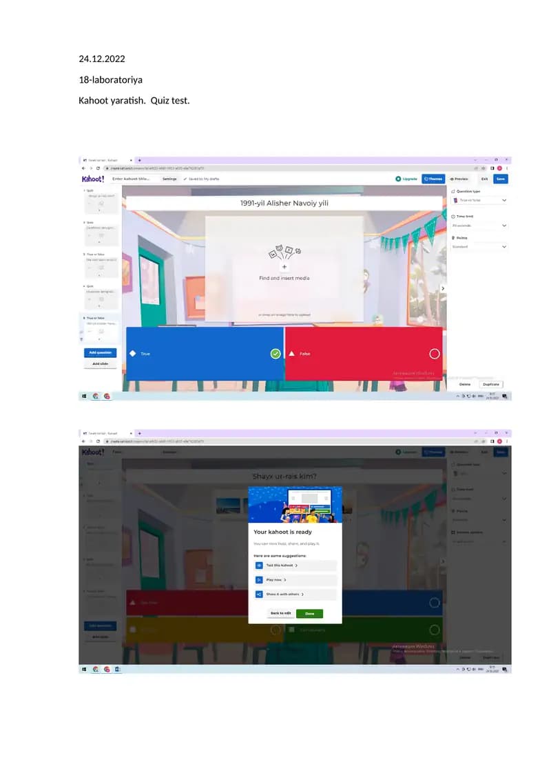Kahoot yaratish. Quiz test.