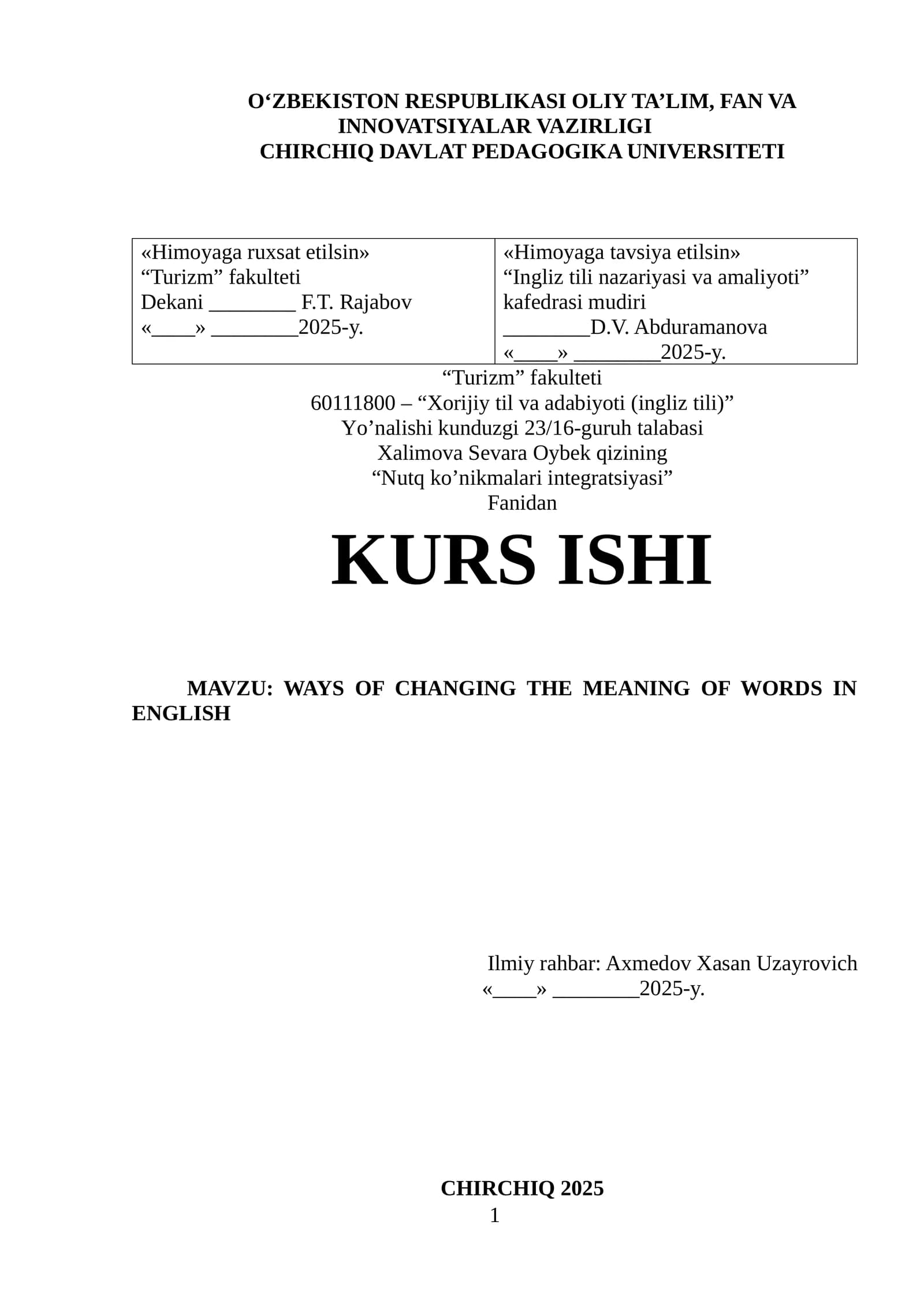MAVZU: WAYS OF CHANGING THE MEANING OF WORDS IN ENGLISH
