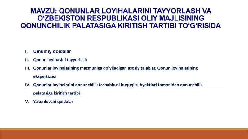 QONUNLAR LOYIHALARINI TAYYORLASH VA O‘ZBEKISTON RESPUBLIKASI OLIY MAJLISINING QONUNCHILIK PALATASIGA KIRITISH TARTIBI TO‘G‘RISIDA