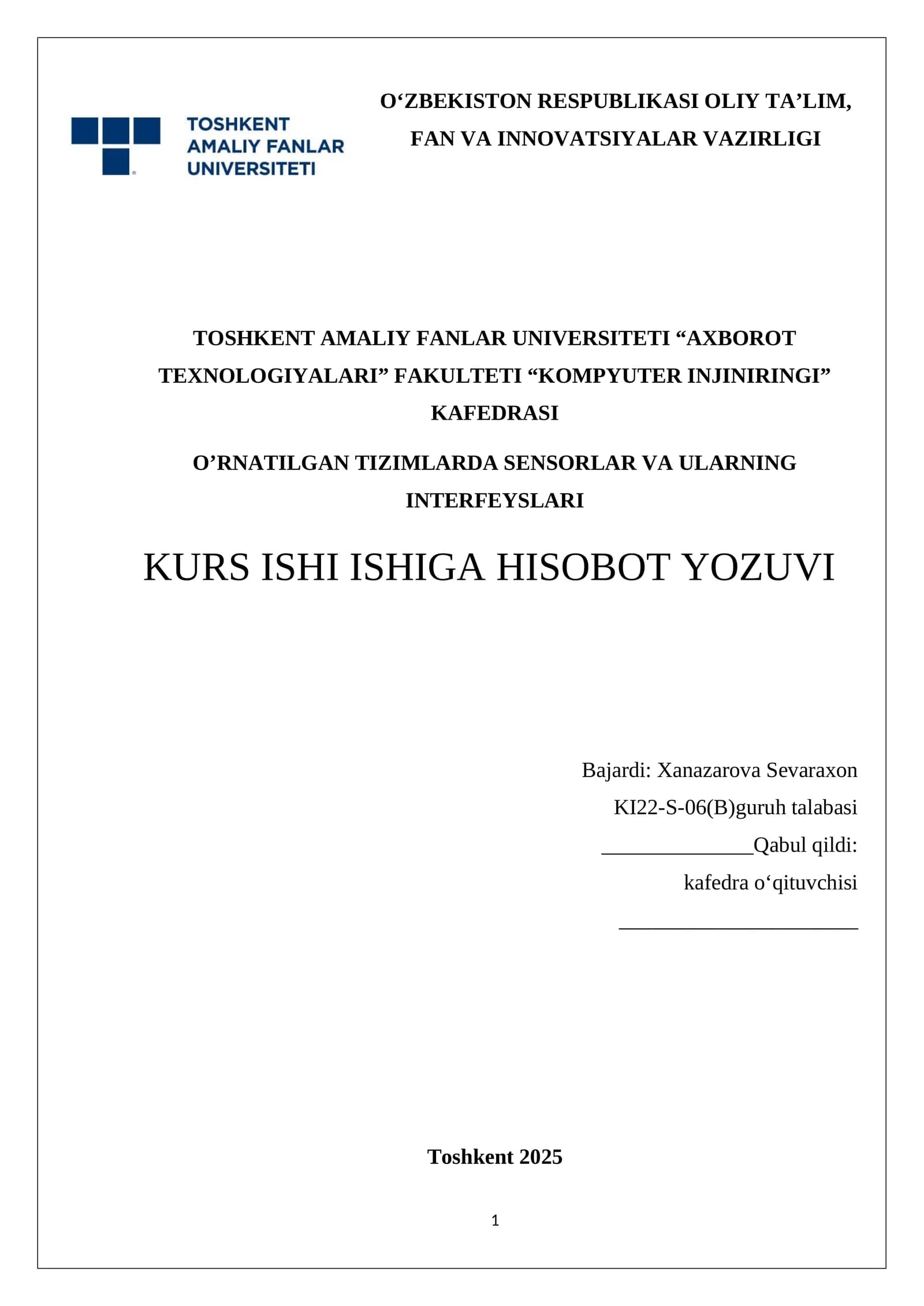 "O‘rnatilgan tizimlarda sensorlar va ularning interfeyslari" kurs ishi