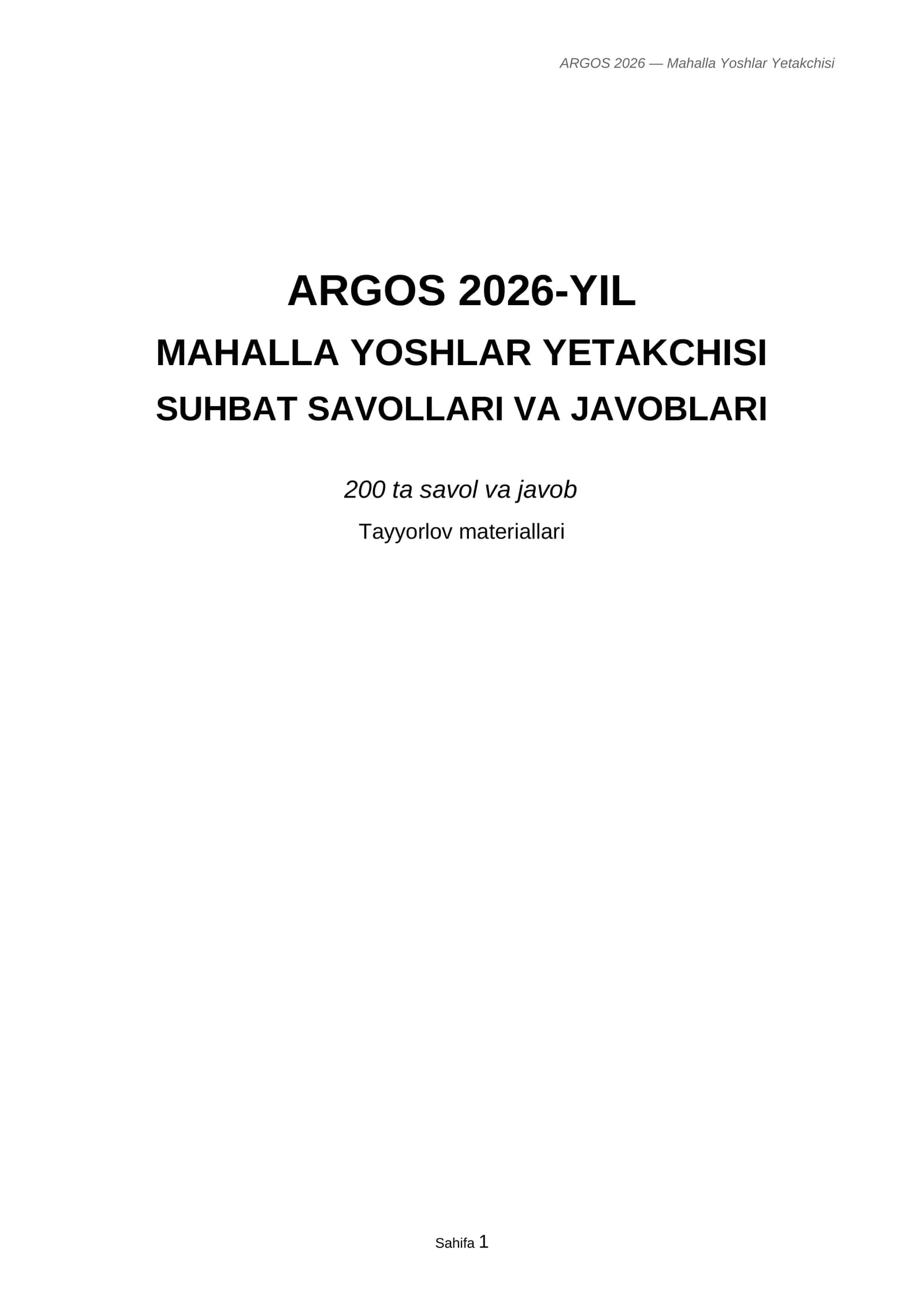 ARGOS 2026 Mahalla yoshlar yetakchisi savollar va javoblar