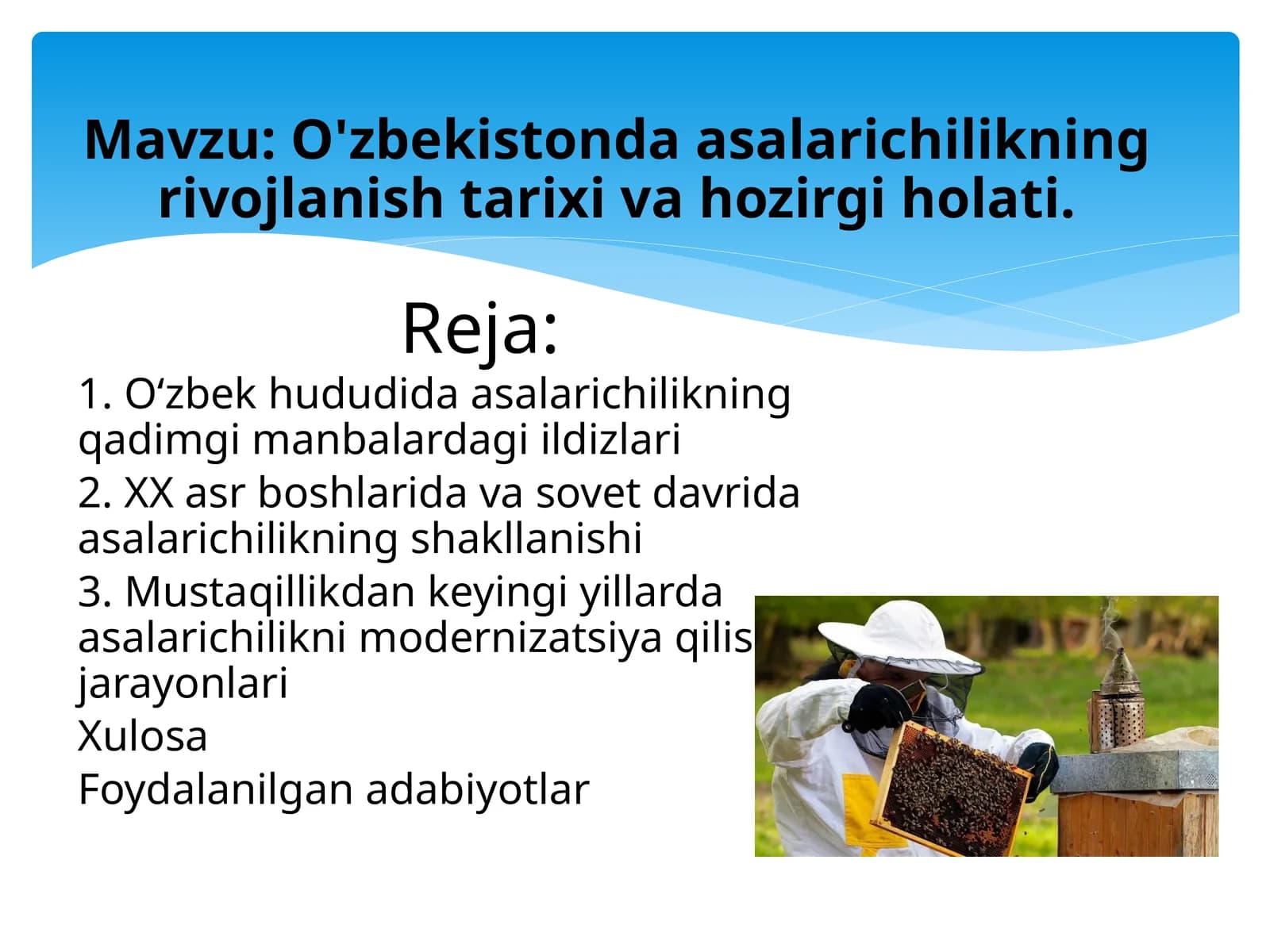 O'zbekistonda asalarichilikning rivojlanish tarixi va hozirgi holati.