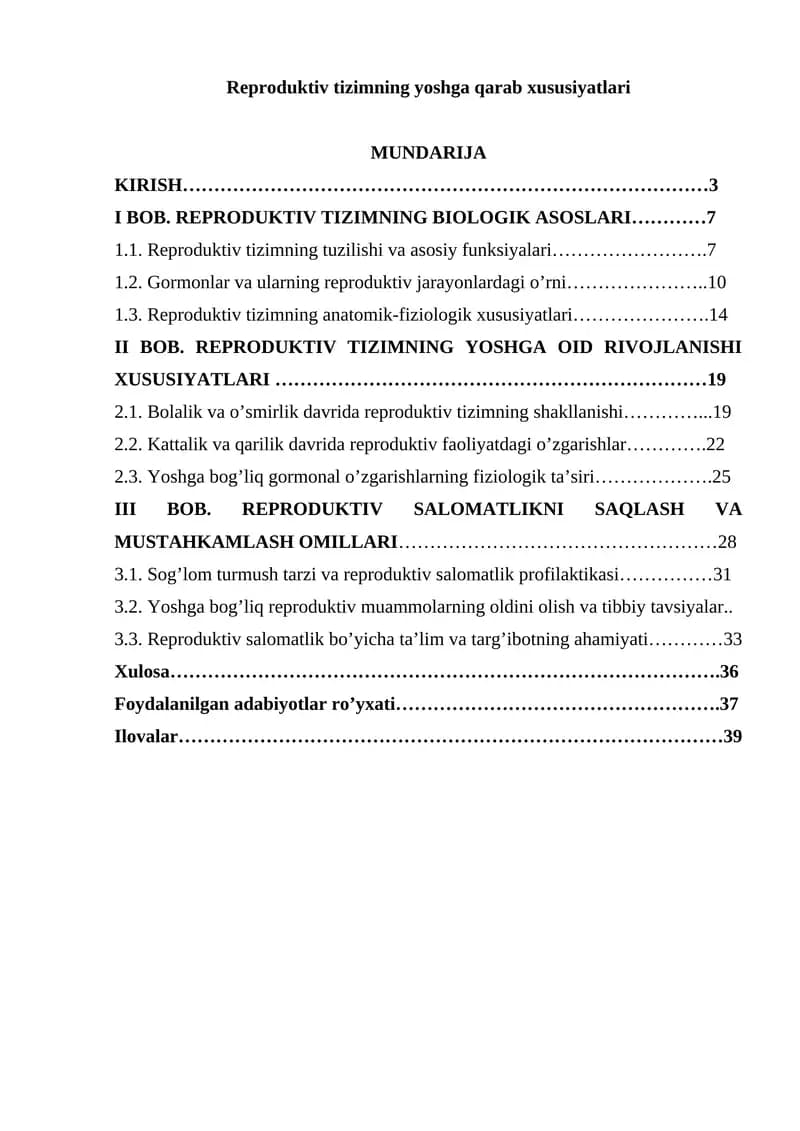 Reproduktiv tizimning yoshga qarab xususiyatlari