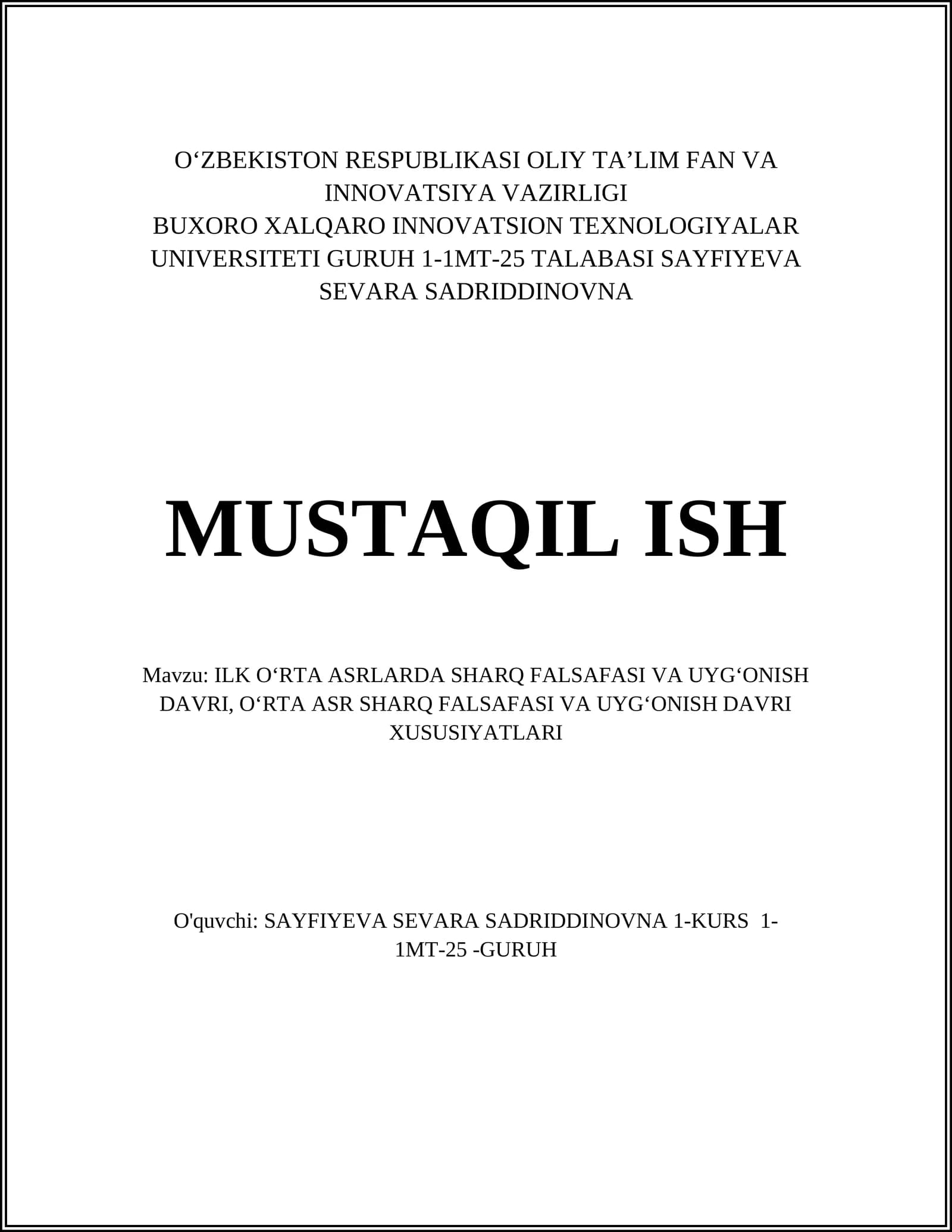 ILK OʻRTA ASRLARDA SHARQ FALSAFASI VA UYGʻONISH DAVRI