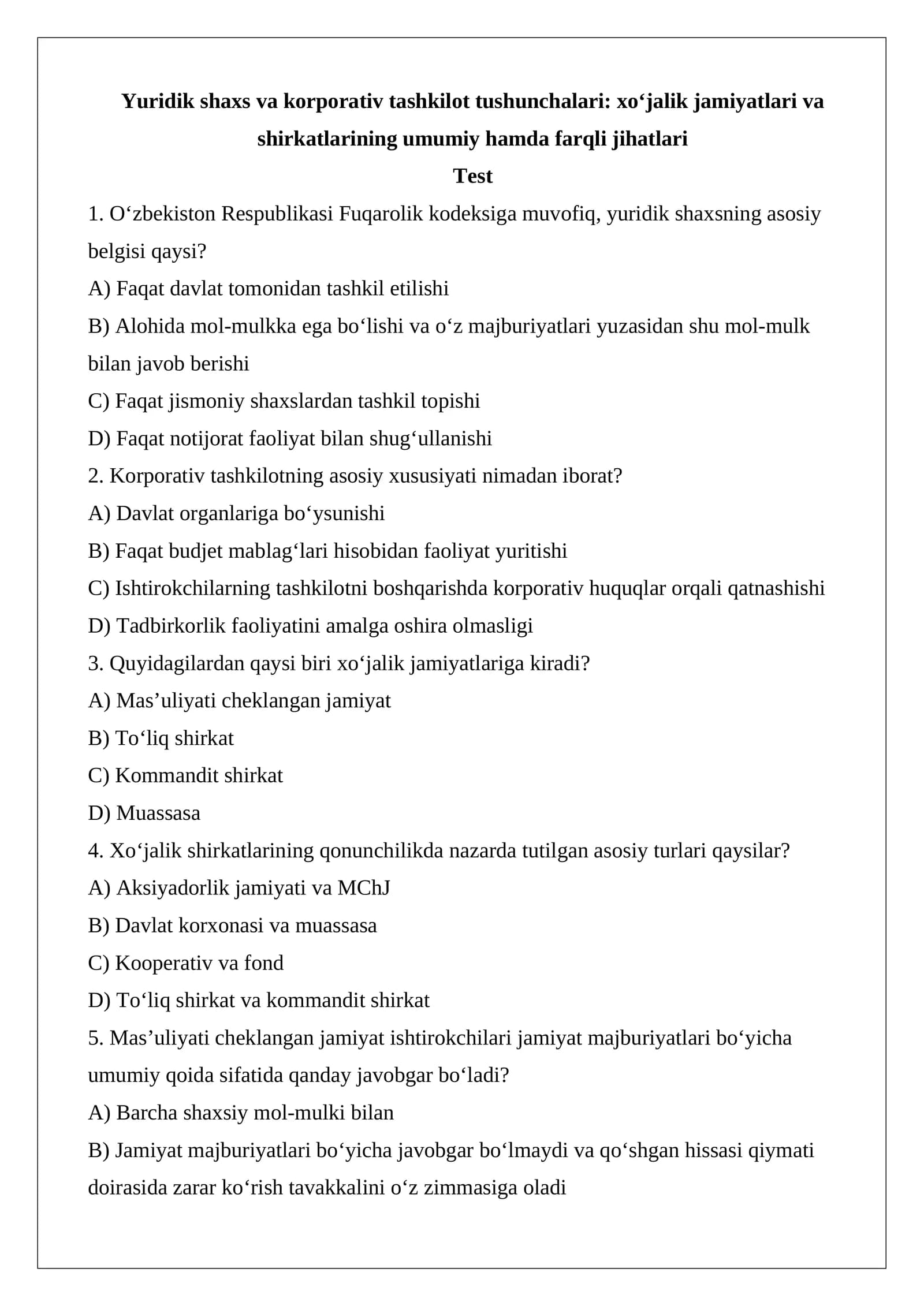 Yuridik shaxs va korporativ tashkilot tushunchalari: xo‘jalik jamiyatlari va shirkatlarining umumiy hamda farqli jihatlari