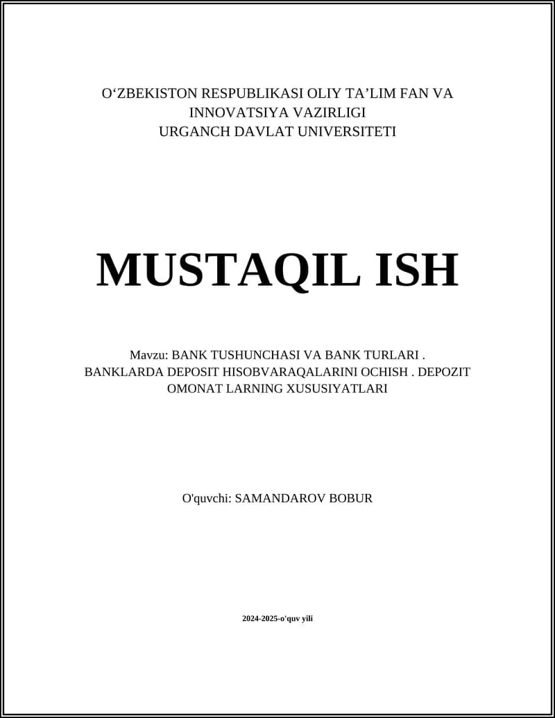 BANK TUSHUNCHASI VA BANK TURLARI