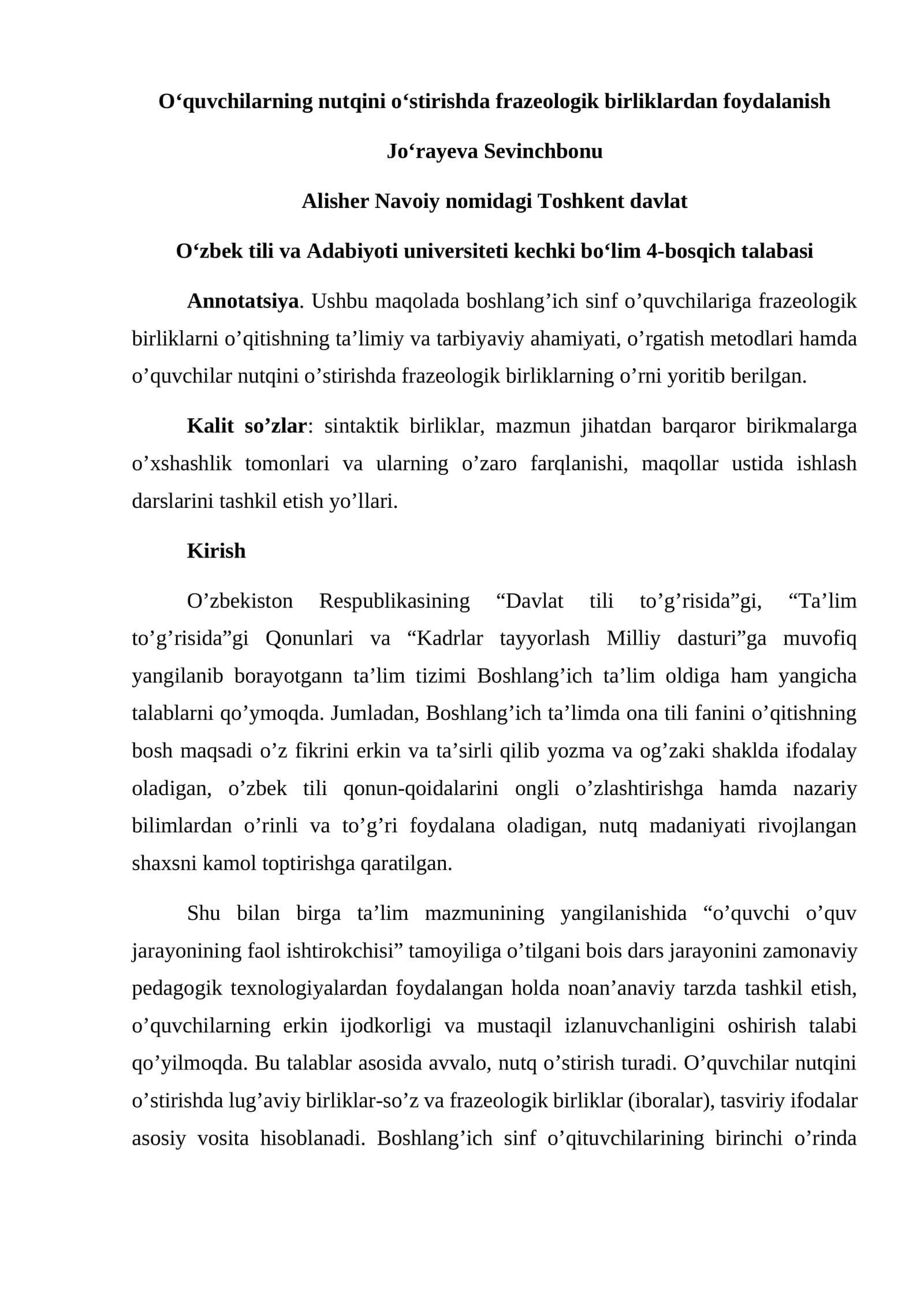 Oʻquvchilarning nutqini oʻstirishda frazeologik birliklardan foydalanish