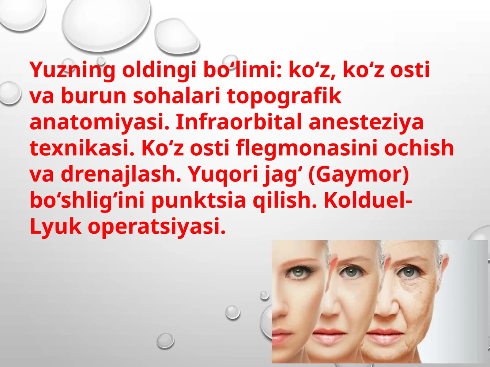 Yuzning oldingi bo‘limi: ko‘z, ko‘z osti va burun sohalari topografik anatomiyasi. Infraorbital anes