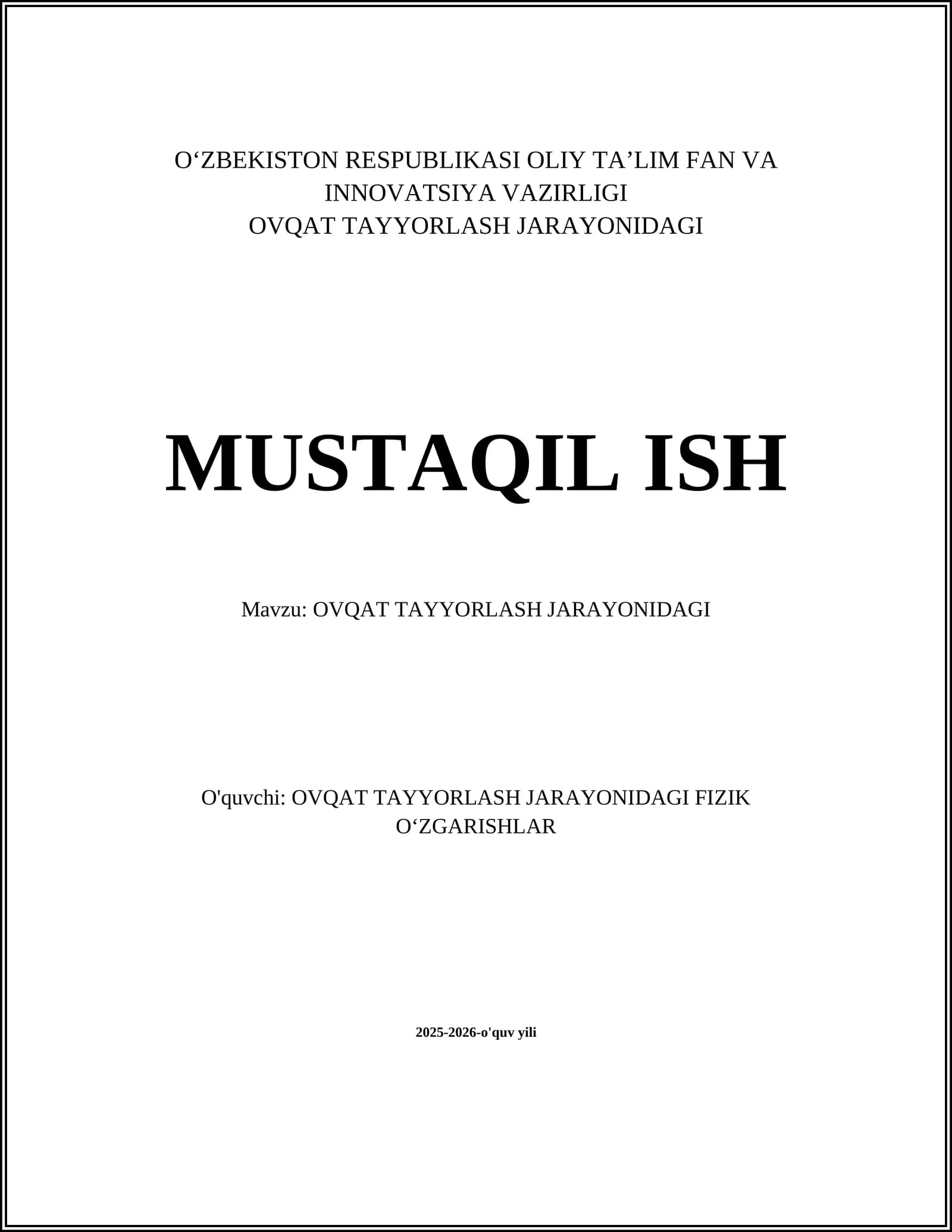 OVQAT TAYYORLASH JARAYONIDAGI