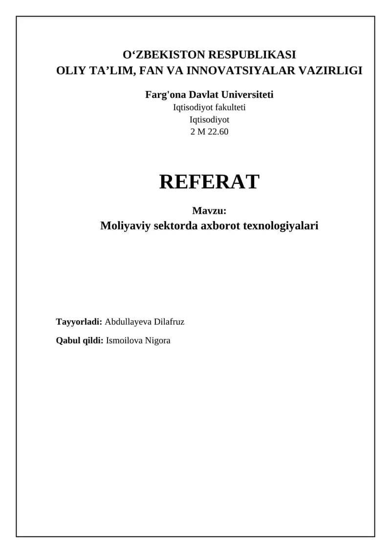 Axborot texnologiyalarining moliyaviy sohadagi evolyutsiyasi va roli