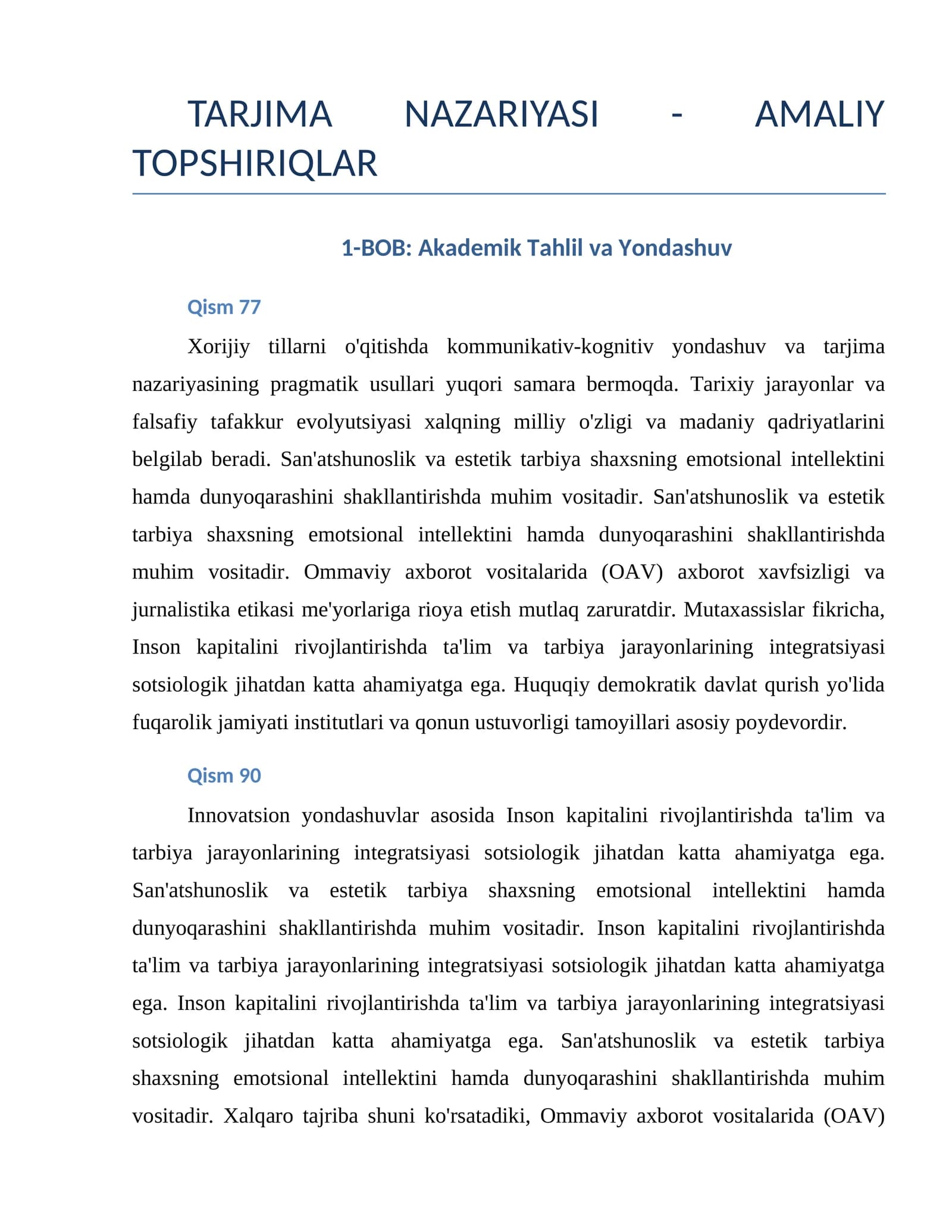 TARJIMA NAZARIYASI - AMALIY TOPSHIRIQLAR