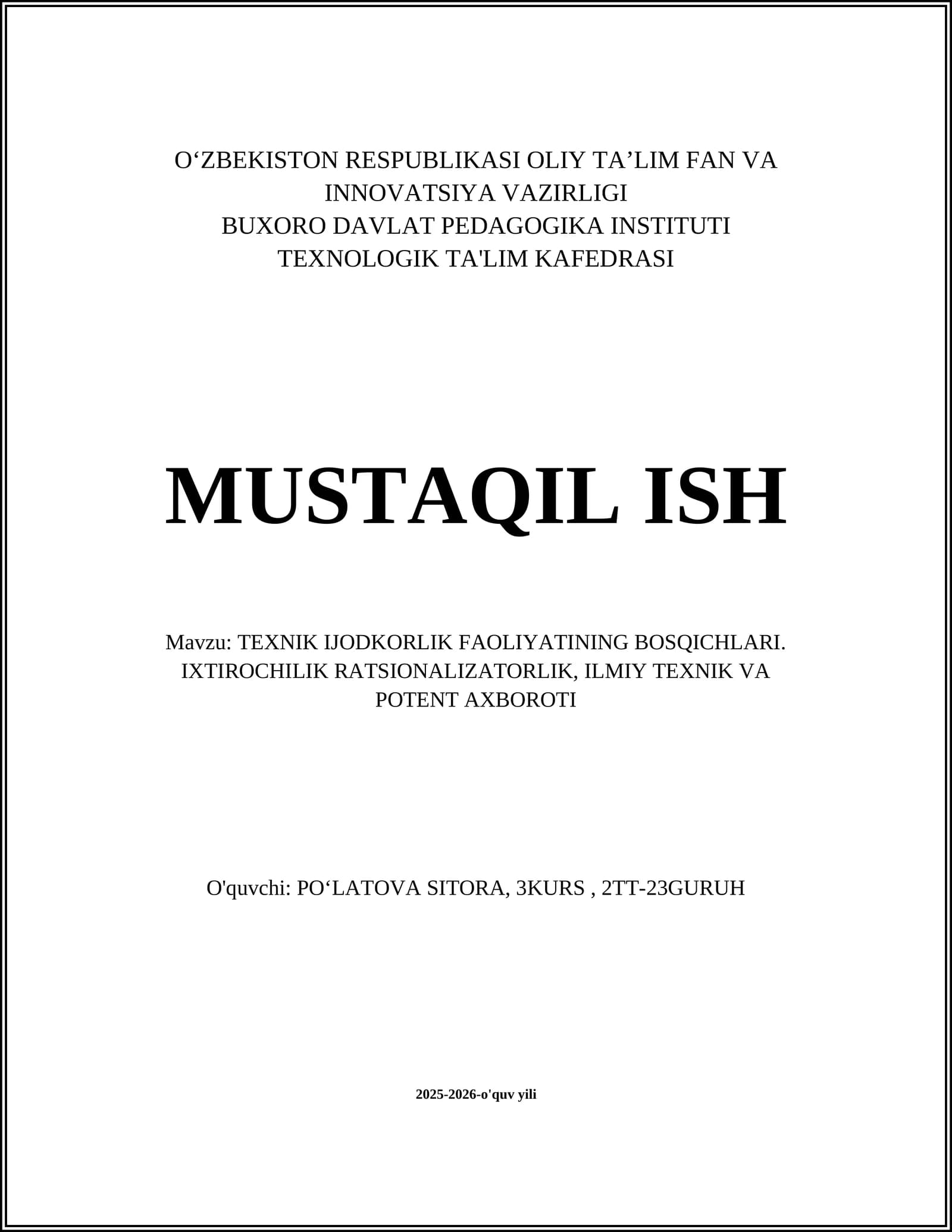 TEXNIK IJODKORLIK FAOLIYATINING BOSQICHLARI