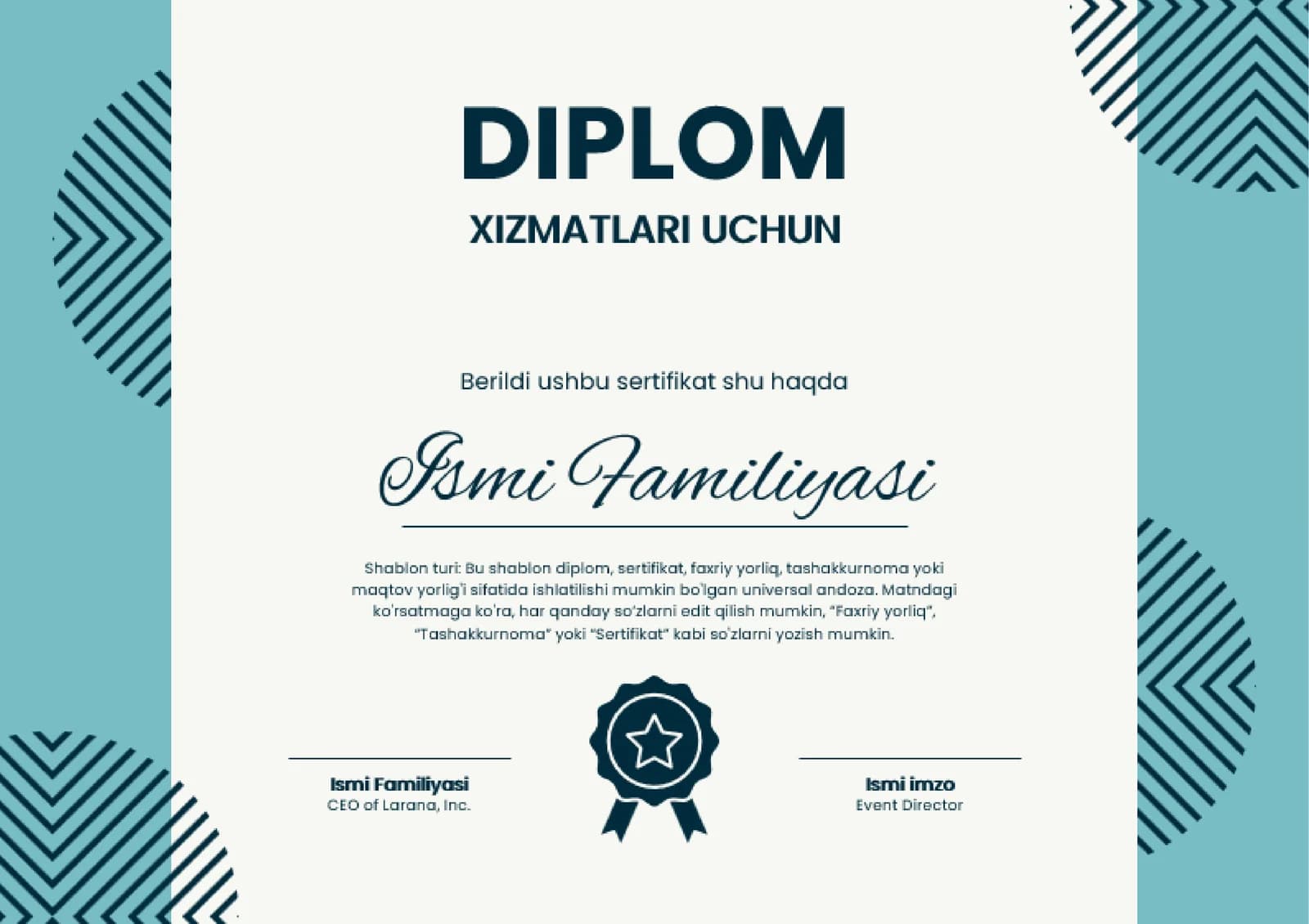 Shablon diplom, sertifikat, faxriy yorliq, tashakkurnoma yoki maqtov yorlig'i