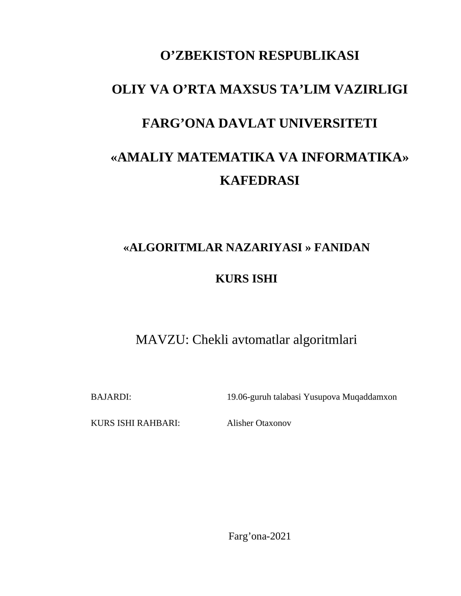 Chekli avtomatlar algoritmlari