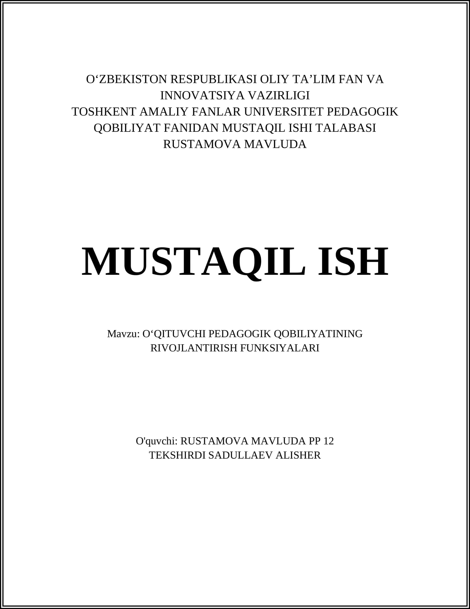 OʻQITUVCHI PEDAGOGIK QOBILIYATINING RIVOJLANTIRISH FUNKSIYALARI