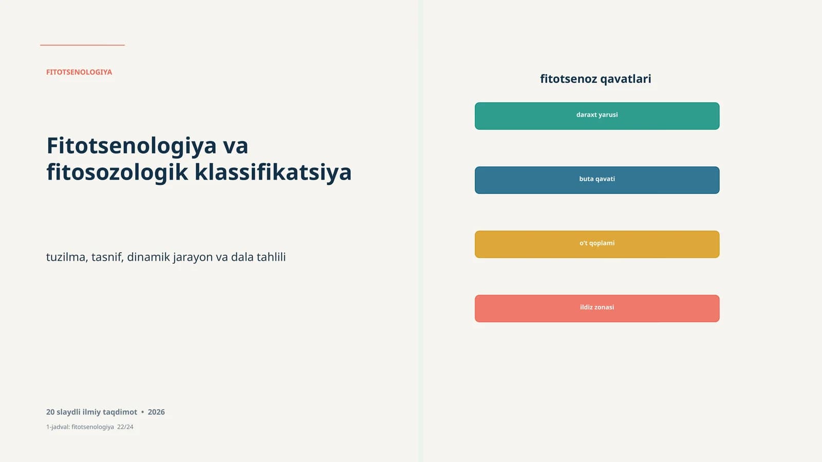 FITOTSENOLOGIYA Study of plant communities and their classification, including structure, classification, dynamic processes, and field analysis. Presentation includes 20 slides