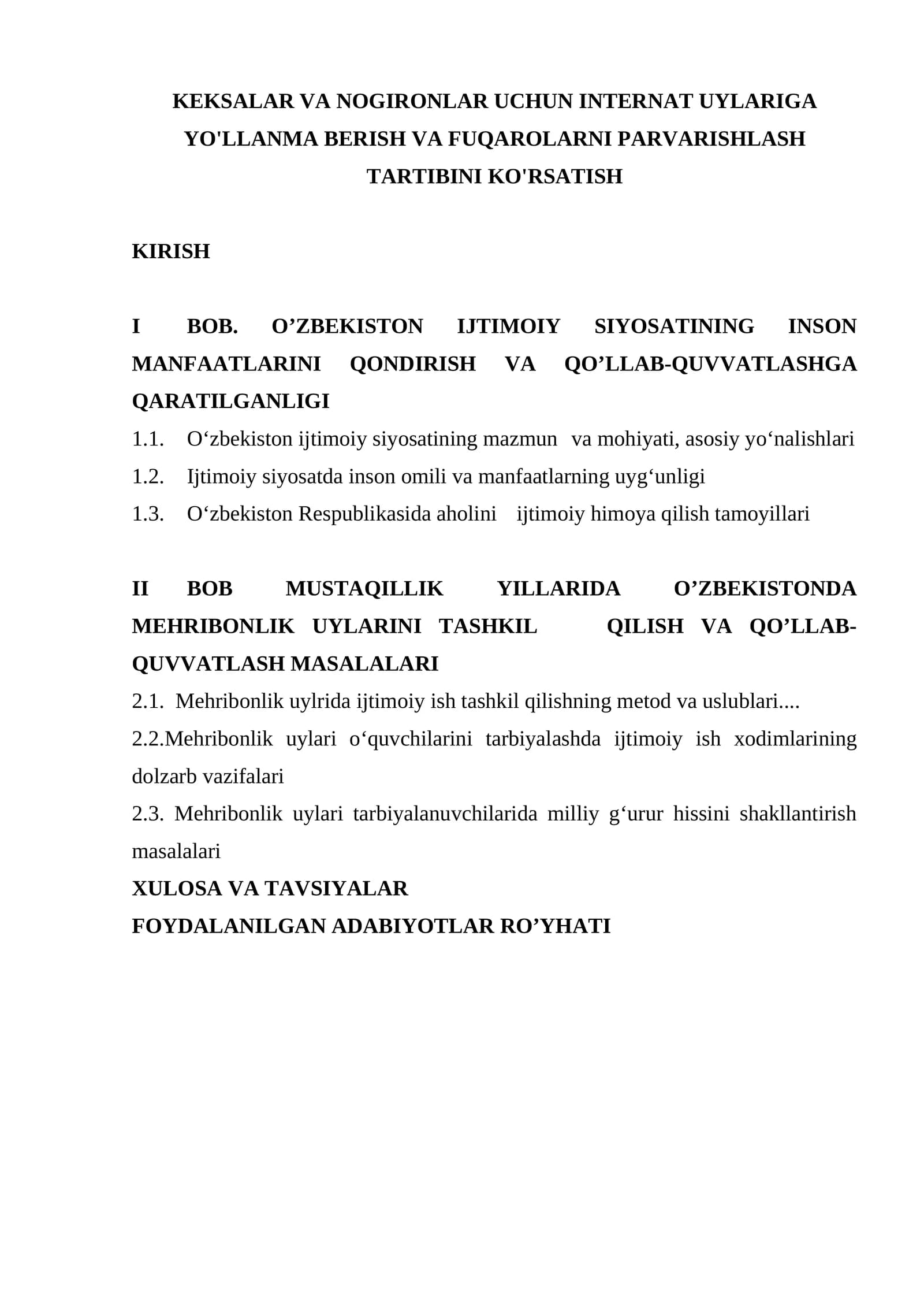 KEKSALAR VA NOGIRONLAR UCHUN INTERNAT UYLARIGA YO'LLANMA BERISH VA FUQAROLARNI PARVARISHLASH TARTIBINI KO'RSATISH