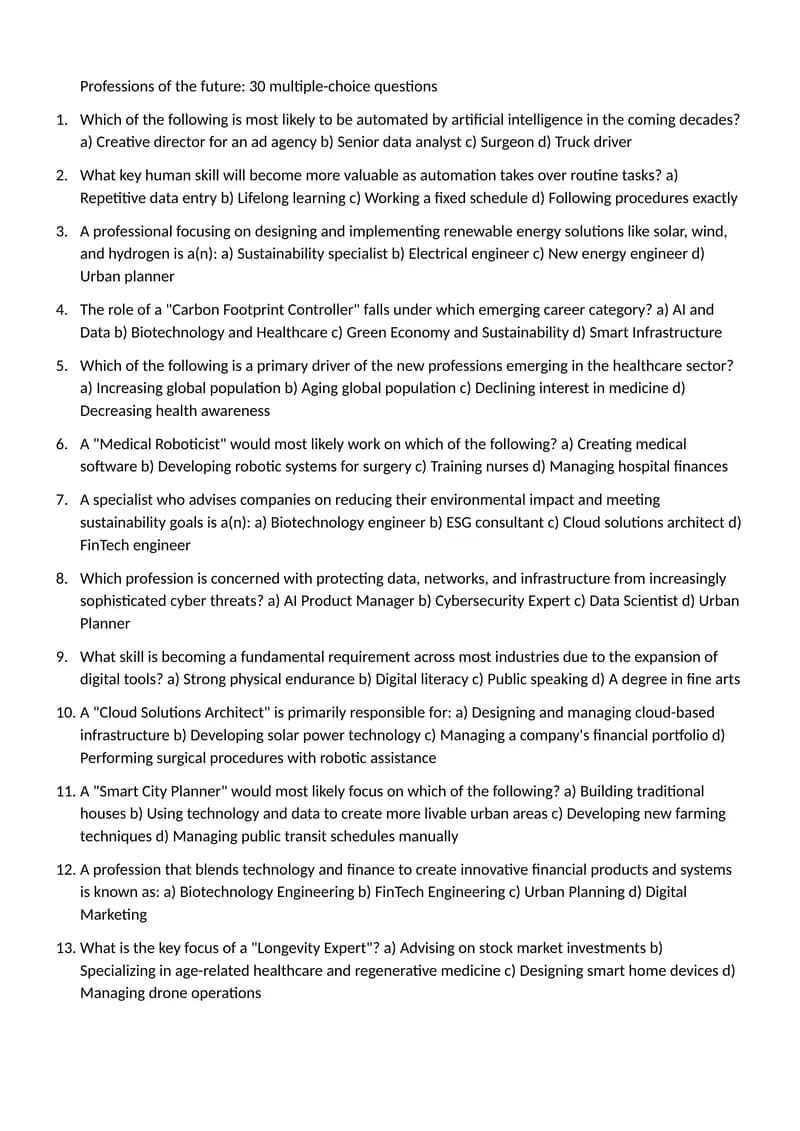 Professions of the Future: 30 Multiple-Choice Questions